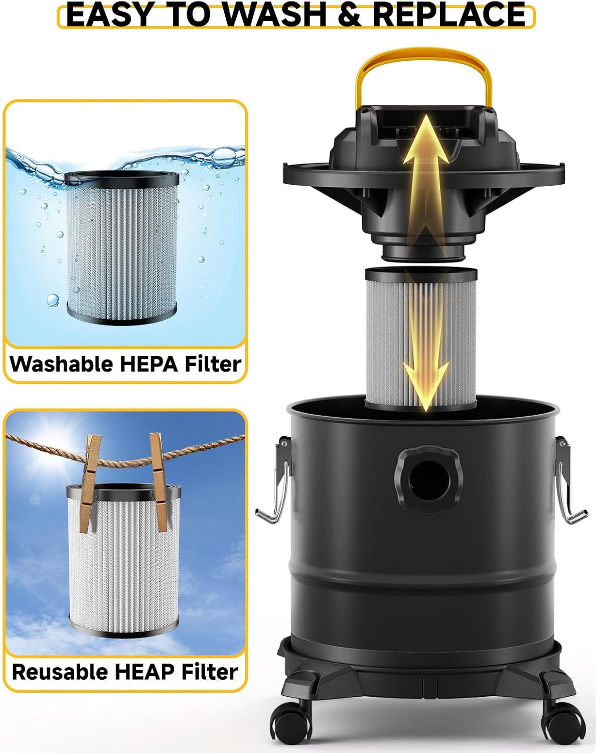 Cordless Ash Vacuum for Pellet Stoves, for DEWALT 20V Max Battery, Pellet Stove Vacuum Cleaner with 2 HEPA Filters, Powerful Suction, 4 Gallons & 4 Wheels, 38