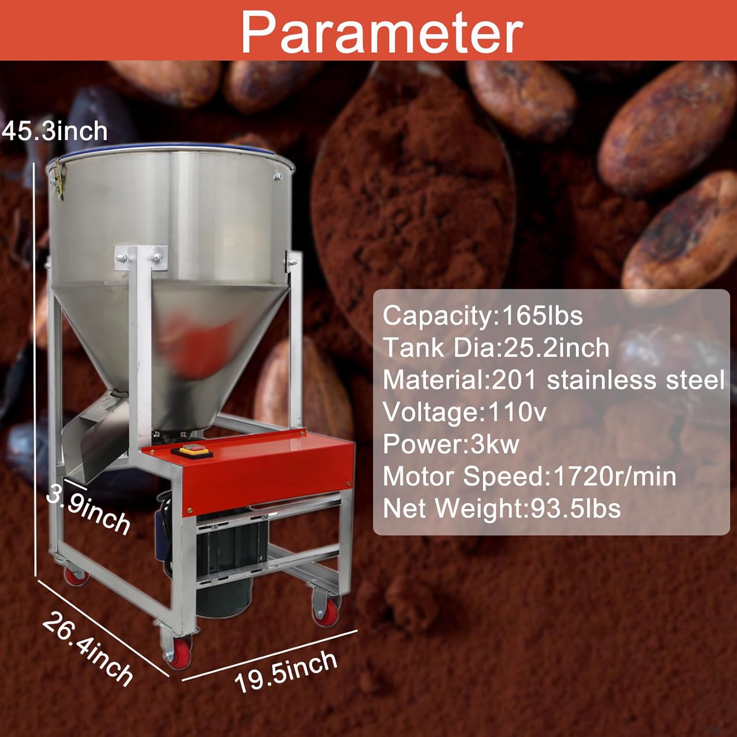 Dry Powder Mixer Blender Feed Mixing Machine 165lbs Dry&Wet Powder Mixer Particle Granule Blender Stainless Steel 110V 3KW
