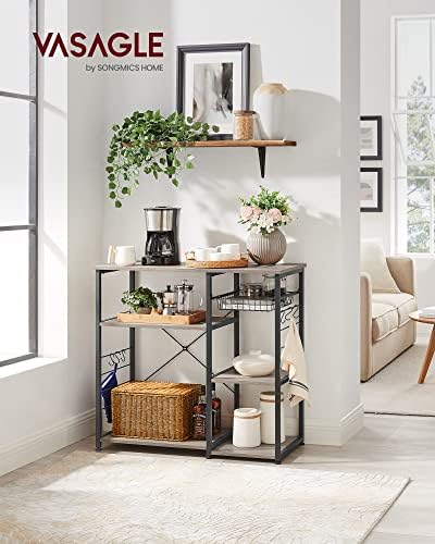 VASAGLE ALINRU Kitchen Baker’s Rack, Coffee Bar, Microwave Oven Stand, with Steel Frame, Wire Basket, 6 Hooks, for Mini Oven, Spices Utensils, Industrial, Heather Greige and Ink Black UKKS090B02