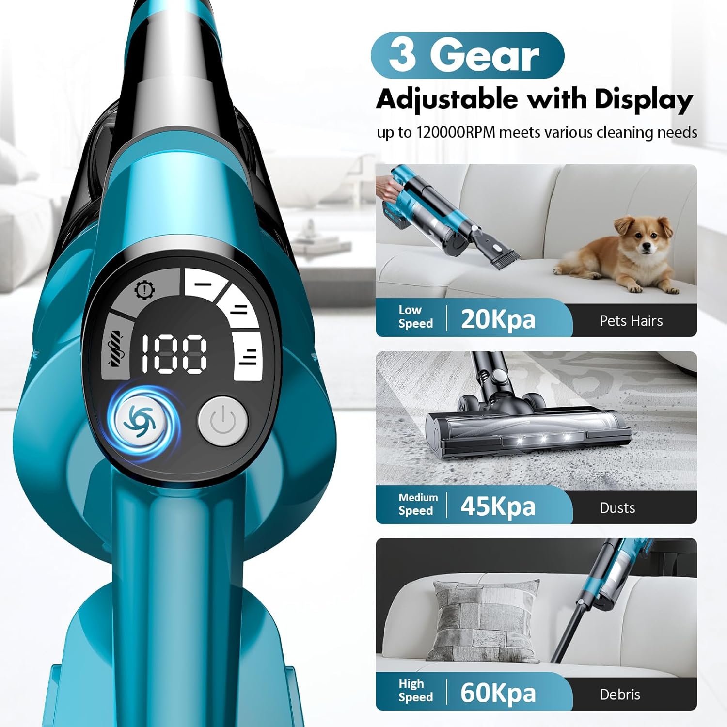 700W Cordless Vacuum Cleaners for Home with 2*Battery 8000mAh, 60kPa Brushless Rechargeable Stick Vacuum with 3 Mode, 6 In 1 Portable Handheld Cordless Vacuum for Pet Hair /Hardwood Floor/Carpet /Dorm