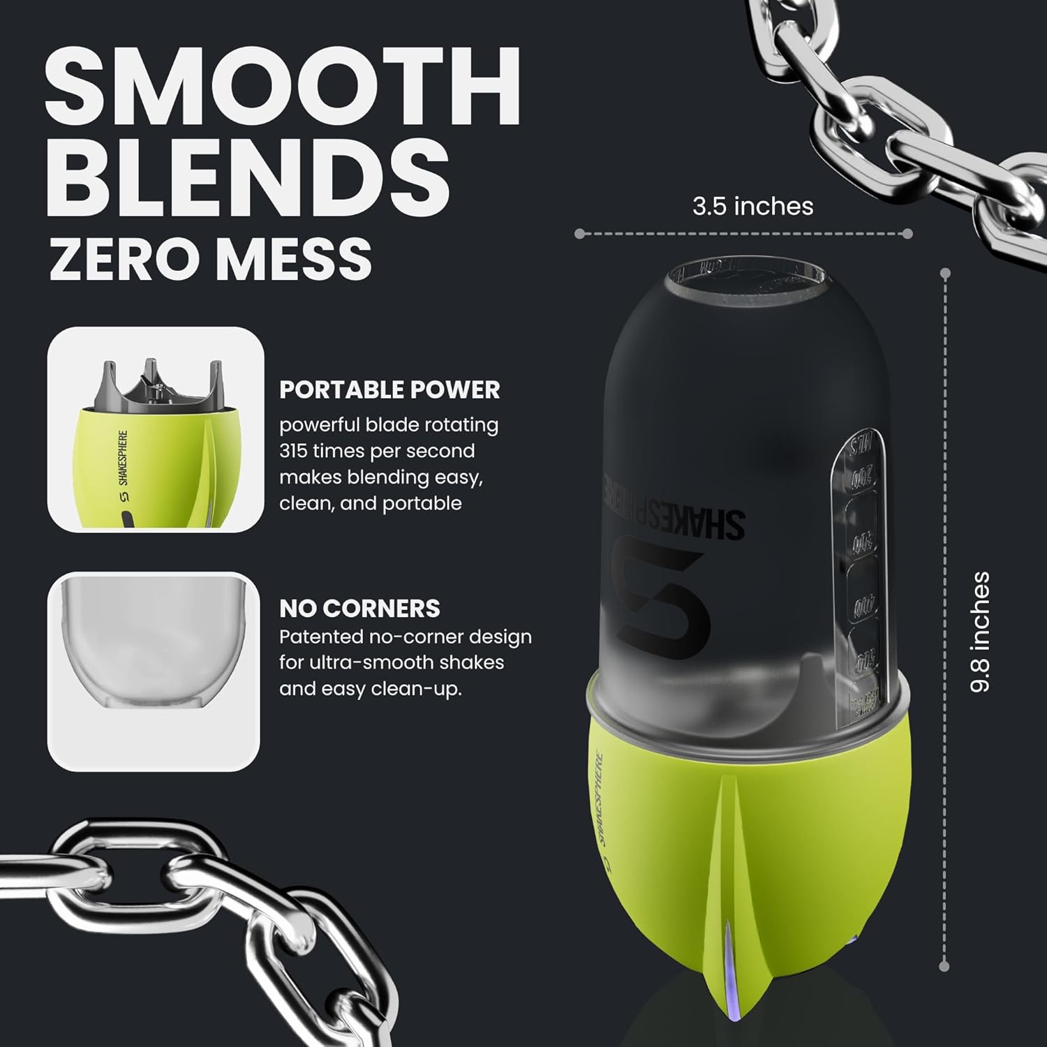 SHAKESPHERE Portable Blender for Shakes and Smoothies – 19oz Electric Personal Blender with Clear Tritan Cup, USB-C Rechargeable, Compact and Powerful for Travel, Gym, and Workout – Fluorescent Yellow