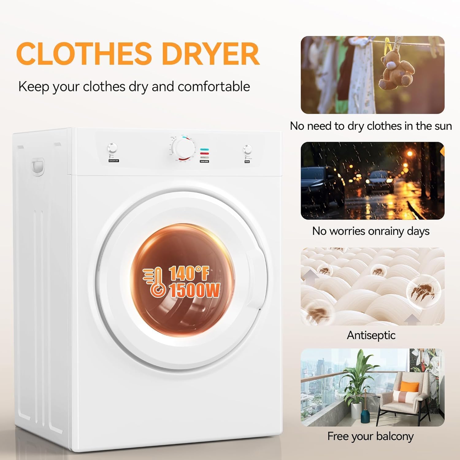 3.5 Cu.Ft. Clothes Dryer, 1500W Portable Dryer,26.4 LBS Drying Machine with Stainless Steel Drum, Exhaust Pipe for Apartment, Dorm, Home