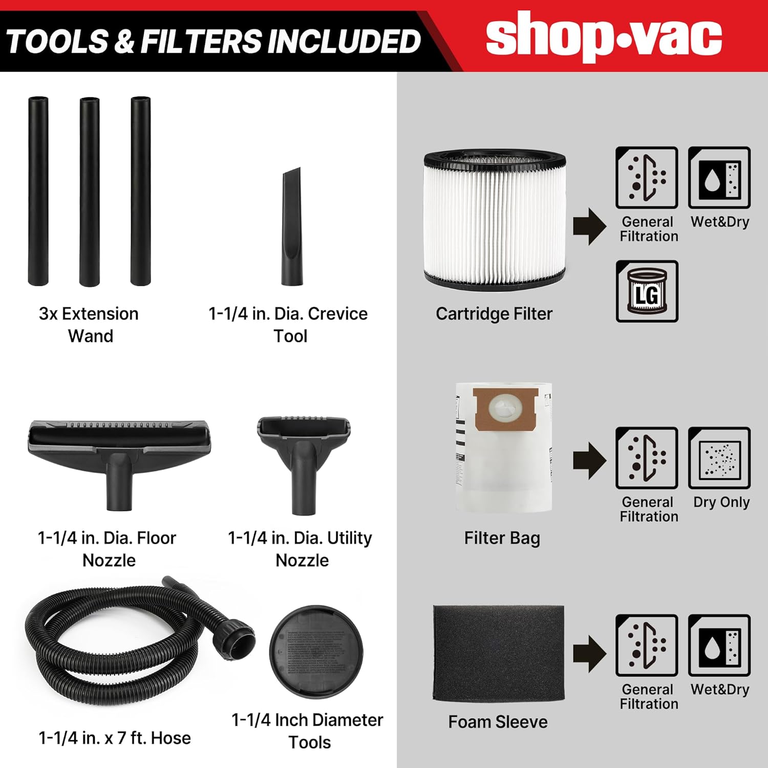 Shop-Vac 5922805 Wet/Dry Vacuum, 8 Gallon, 4.5 Peak HP, 1.25 Inch Diameter x 7 Foot Hose, 6 Foot Cord, Ideal for Jobsite, Garage, Workshop & Home