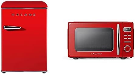 Galanz GLR25MRDR10 Retro Compact Refrigerator, Mini Fridge with Single Doors, Adjustable Mechanical Thermostat with Chiller, Red, 2.5 Cu Ft & GLCMKZ07RDR07 Retro Countertop Microwave Oven