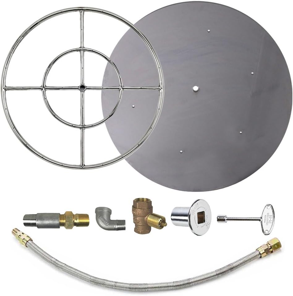 AFG Match Lit Fire Pit Burner Kit (SS-FR-24KIT-PAN-LP-MSCB), Round, 24-Inch Burner, 30-Inch Flat Pan, Propane, Polished Chrome, with Flange, Key, Valve, Flex Line and Fittings