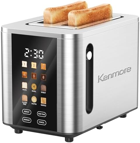 Kenmore 2-Slice Toaster | Color Touch Screen & 6 Shade Settings | Extra Wide Slots | Digital Countdown Timer | Customizable Smart Presets | Reheat, Defrost, Add Time Functions | Stainless Steel