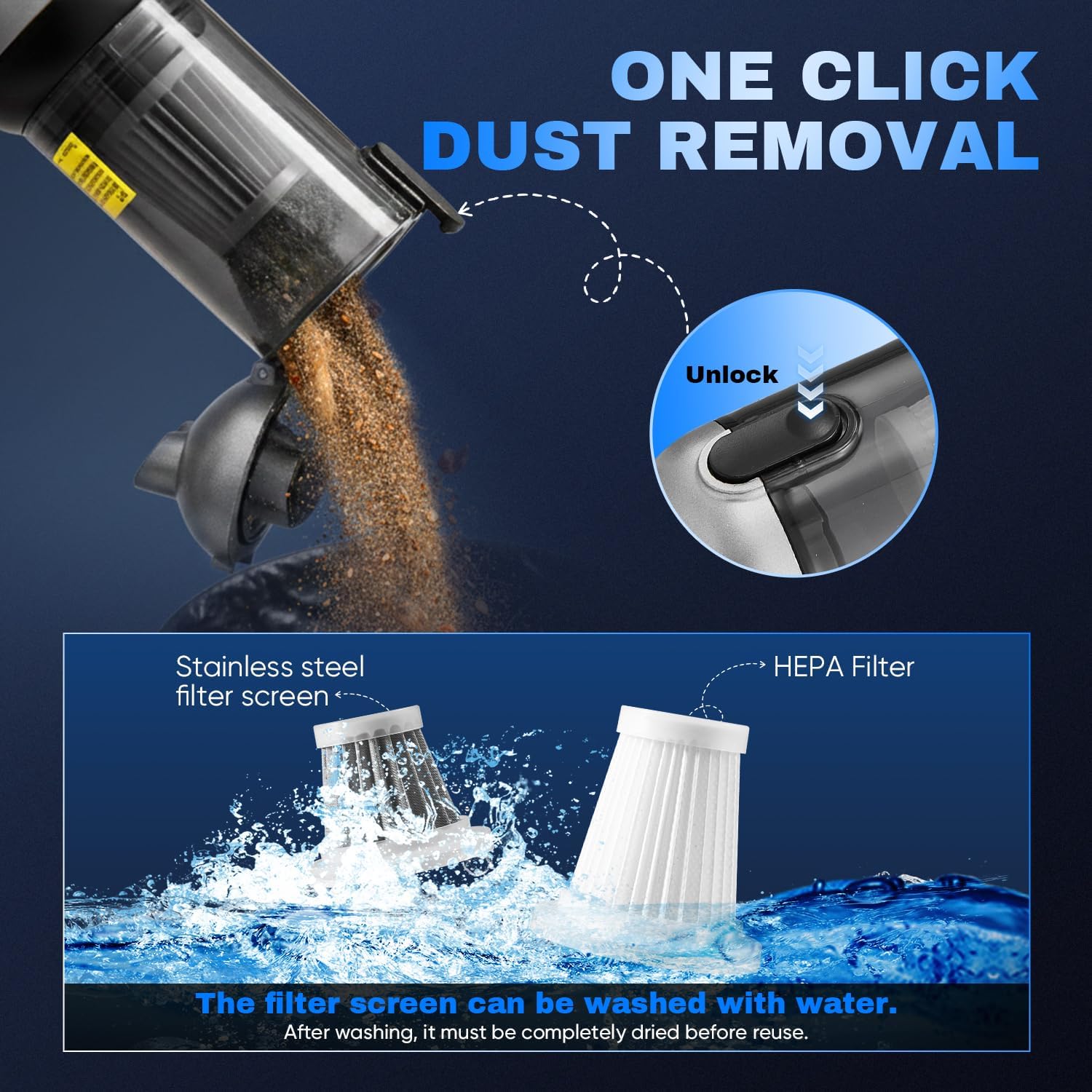 Saker Car Vacuum Cleaner HL157 4-in-1 Cordless Handheld Vacuum with 20000Pa Suction & LED Light + Original HEPA & Steel Filter Set (4PCS), Portable for Car, Home, Office, Pet Silver