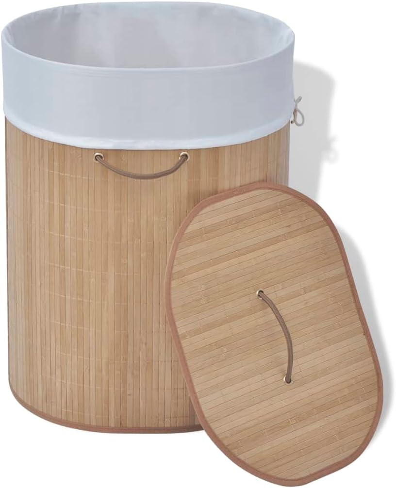 Bamboo Laundry Bin Oval Natural with Removable Liner and Foldable Design, 1 Piece Woven Polyester Fabric Hamper for Home Organization and Storage