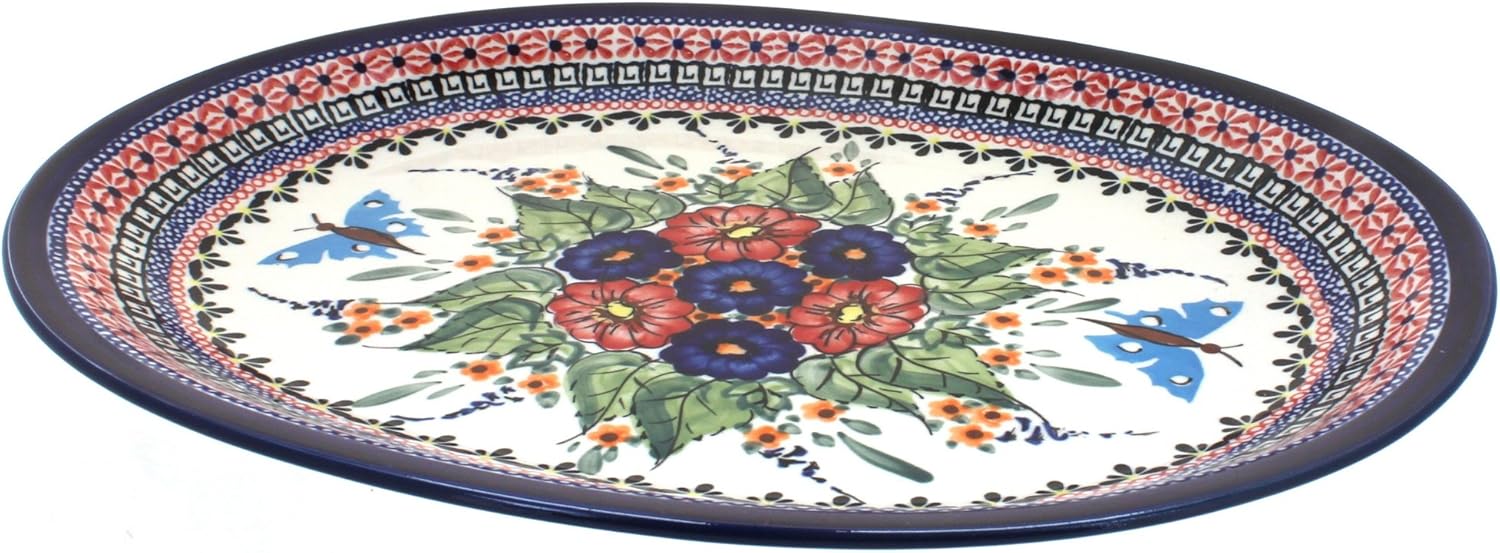 Blue Rose Polish Pottery - Red Floral Butterfly Large Serving Platter - 14