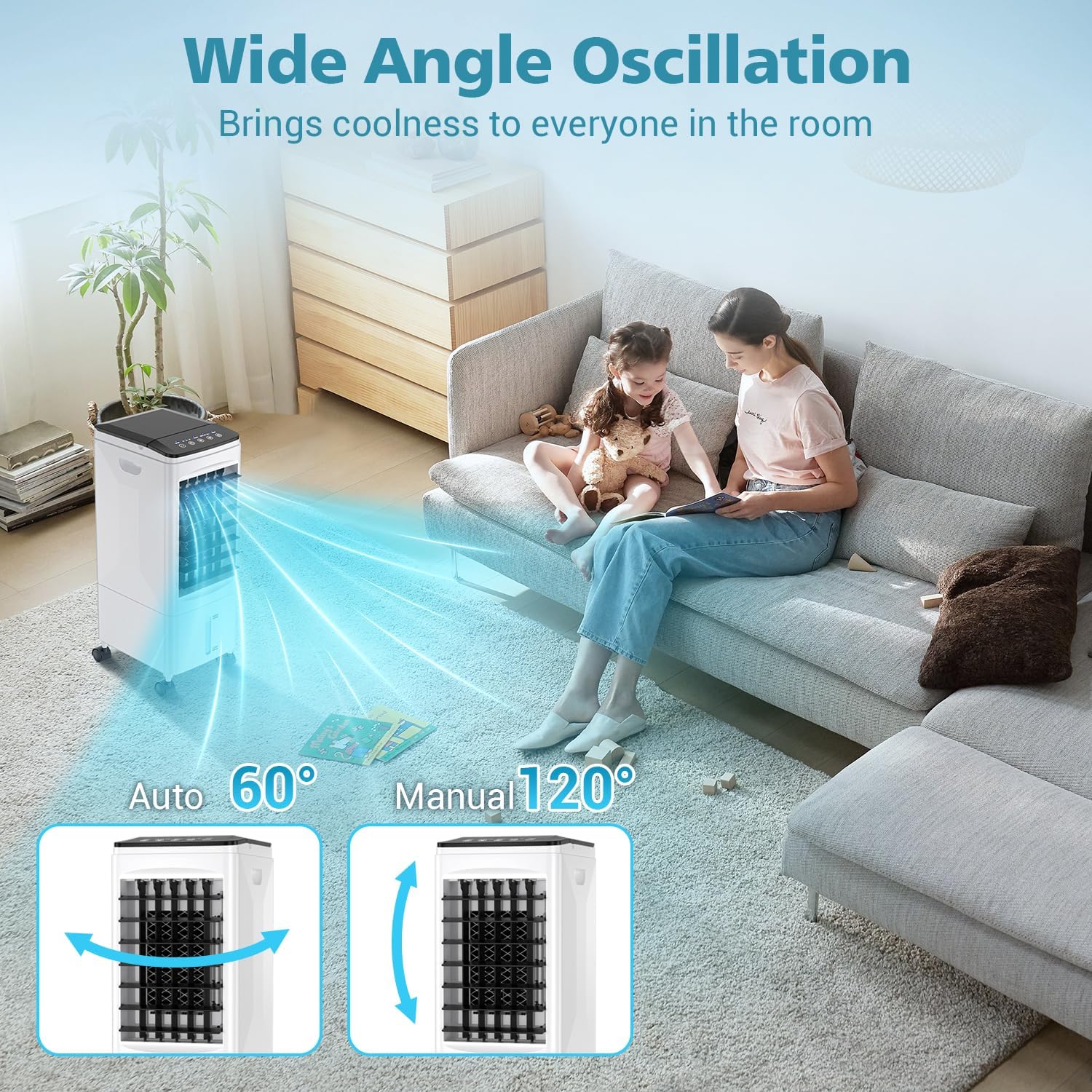 Portable Air Conditioners, 3-IN-1 Evaporative Air Cooler 3 Speed, 60° Oscillation, Remote Control & 1-7H Timer, 60W Energy Saving, Portable Space Cooler for Home Office Dorm