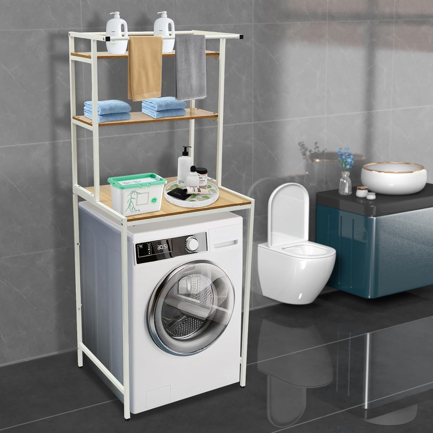 Over The Washer and Dryer Storage Shelf,3 Tiers Laundry Room Storage and Organizer Standing Shelf,Adjustable Rubber Feet,High Load-Bearing Capacity,for Bathrooms, Laundry Rooms, Balconies,Etc