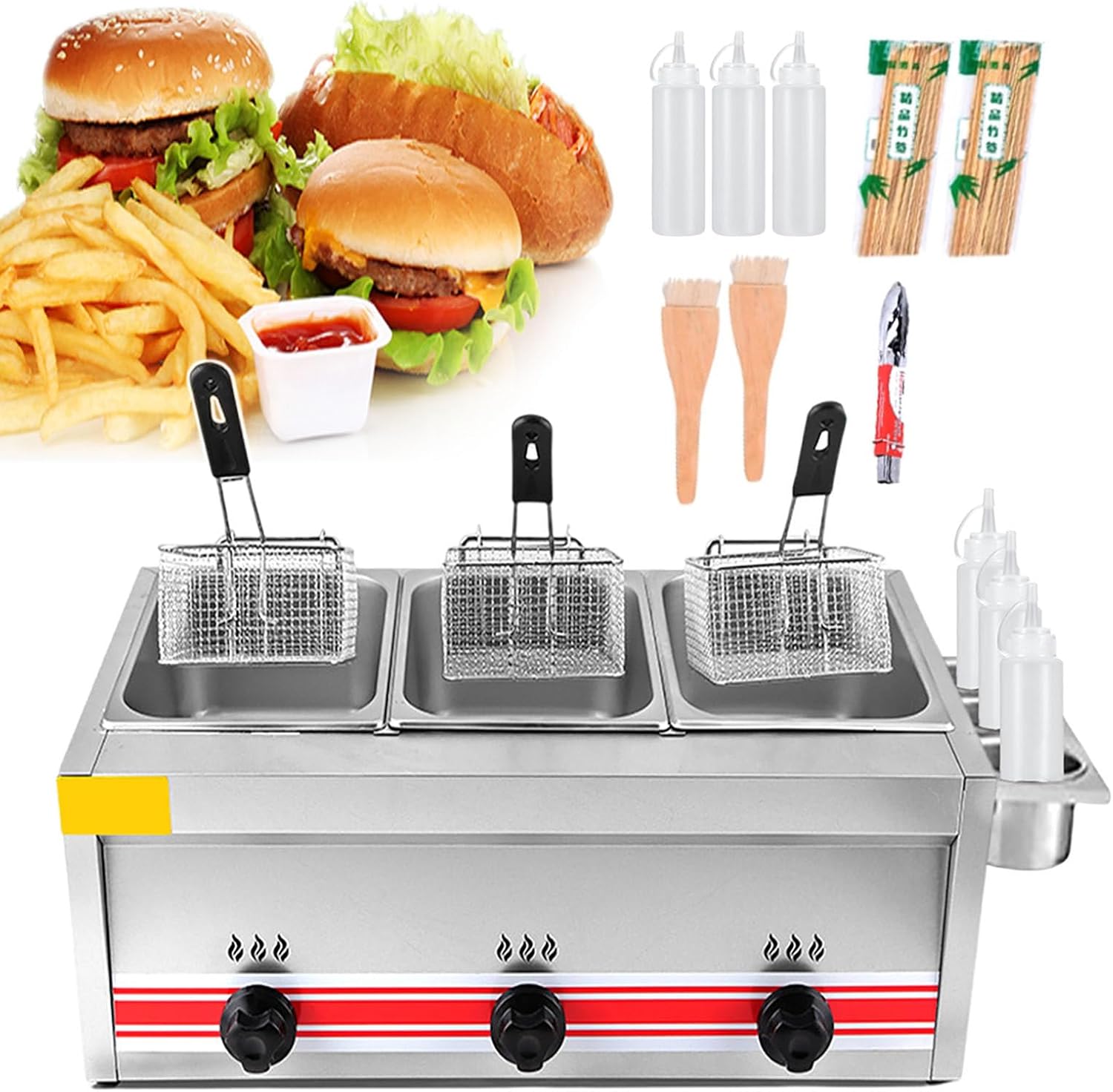 30L Large Capacity Gas Fryer, Stainless Steel Gas Fryer For Home And Commercial, With Frying Baskets, Lids, Condiment Rack And Sauce Bottles, For Chips Donuts Fish