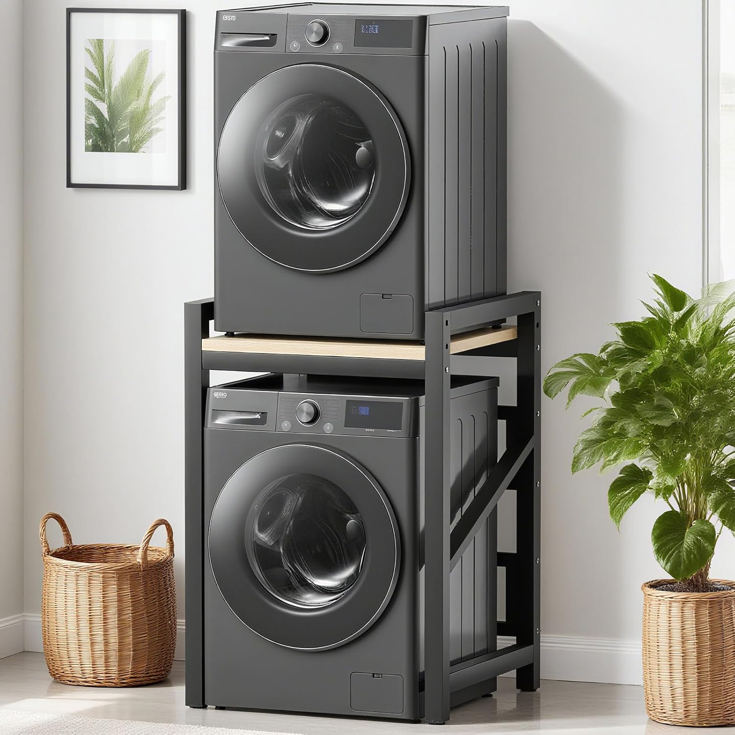 Washer Dryer Stacking Rack Kit 29.5in, Over the Washer and Dryer Storage Shelf for Laundry Room, Bathroom, Heavy Duty, Height Adjustable, 1.2mm Wall Thickness 660lbs Capacity (Black, 29.5in)