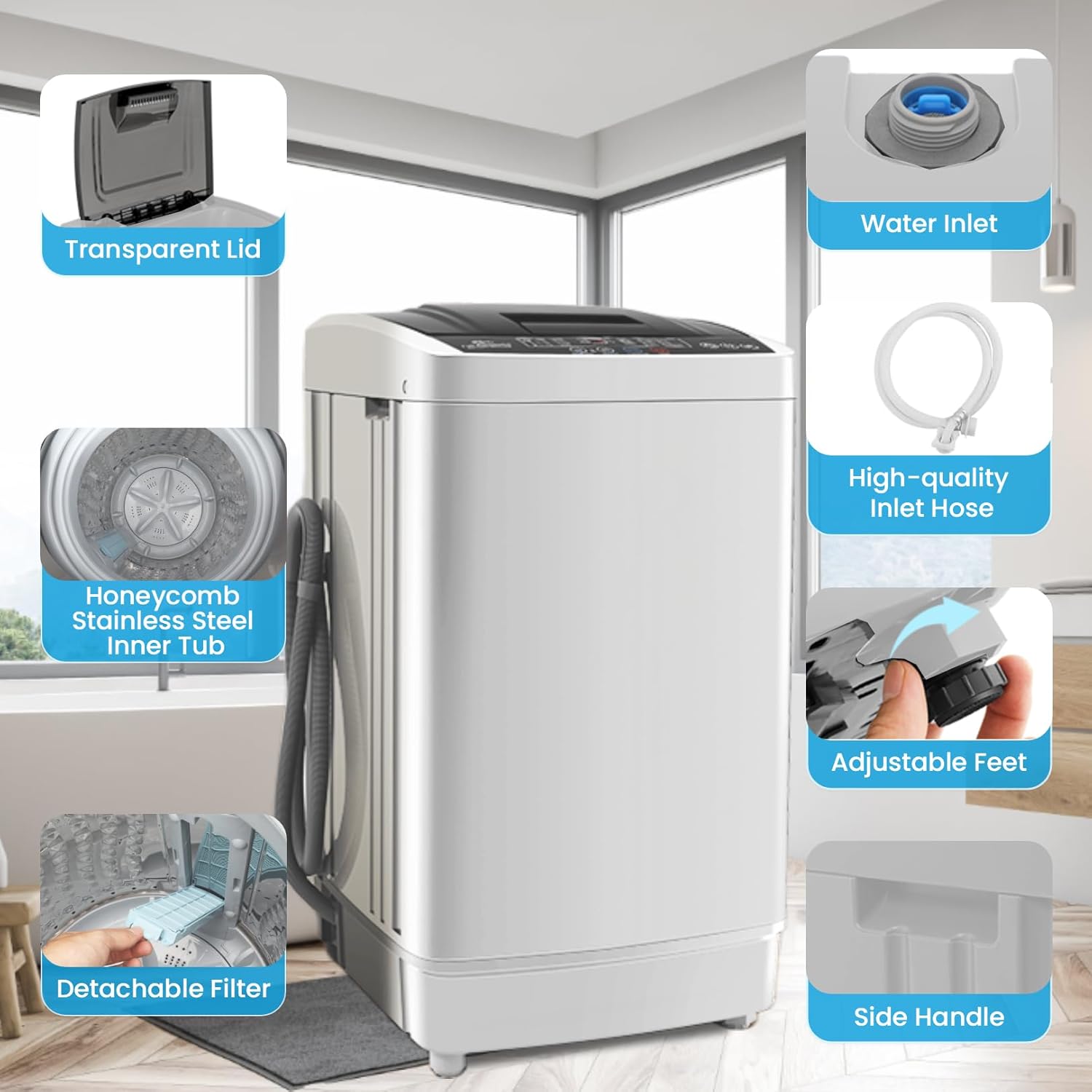 Nictemaw Portable Washing Machine 17.8Lbs Portable Washer with Drain Pump, 2.4 Cu.ft Full Automatic Washer and Dryer Combo, 10 Programs 8 Water Levels, Compact Washer for Apartment, Home, RV