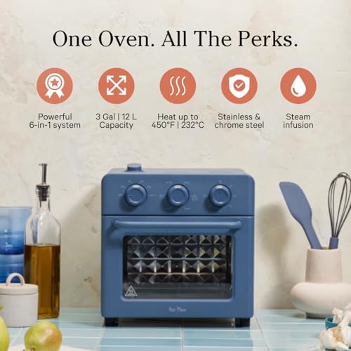 Our Place Wonder Oven | 6-in-1 Stainless Steel Air Fryer Toaster Oven Combo with Basket, Rack, Pan & Tray | Compact 13 QT Countertop Capacity - Toast, Roast, Bake, Reheat, Broil & Steam | Blue Salt