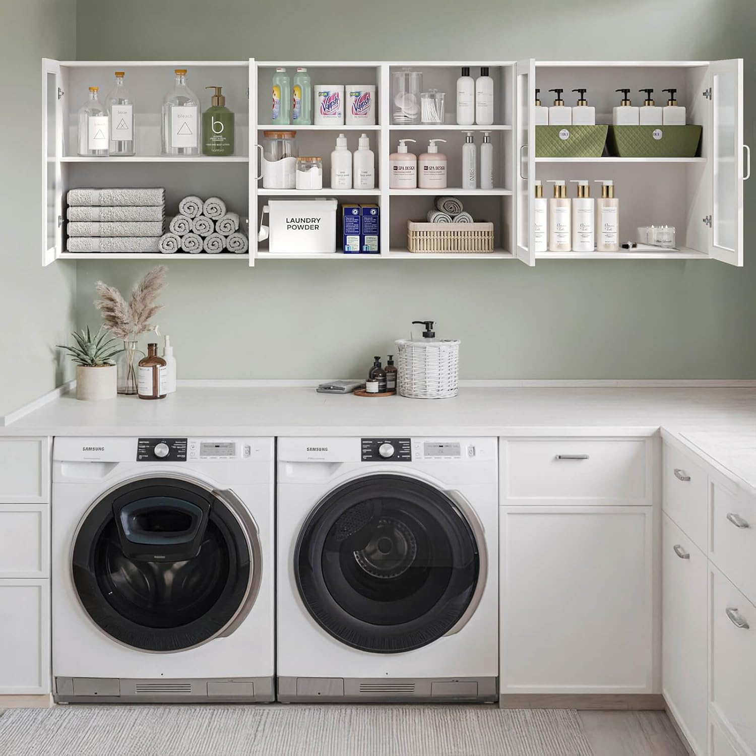 FIMELLO 78.6''W X 11''D X 23.6''H Laundry Room Cabinets Shelves Set, Acrylic Door, Adjustable Shelf, Kitchen Floating Wall Cabinets, Hanging Wall Cabinets for Laundry Room, White