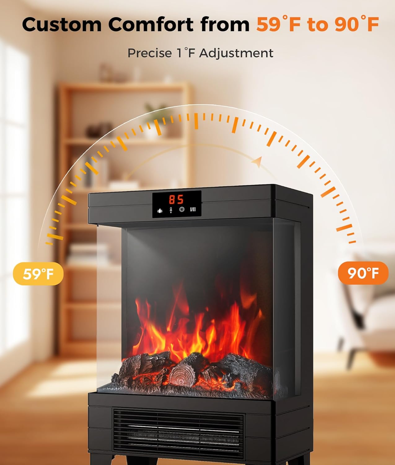 Electric Fireplace Stove Heater - Freestanding Fireplace Heater for Indoor Use with Realistic 3D Flame, Adjustable Thermostat & Remote, Quiet, Timer for Living Room and Bedroom