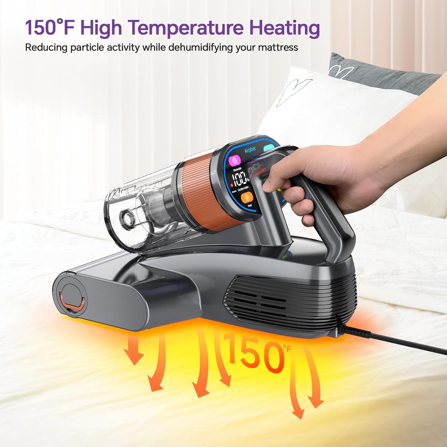Mattress Vacuum Cleaner - Powerful 16000Pa Suction, UV-C Light, 40800 RPM Beating, and High-Temperature Heating for Deep Mattress and Bed Cleaning (Orange)