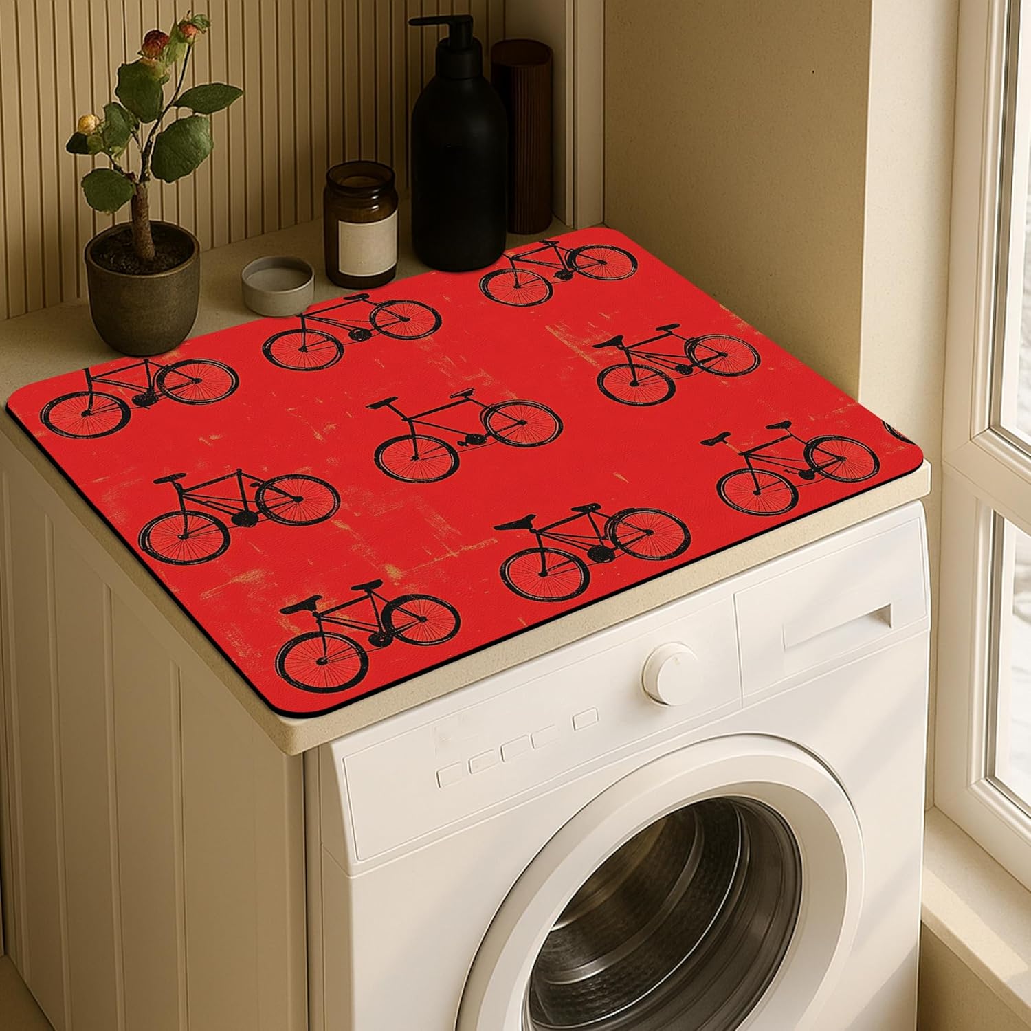 Bike Washer Dryer Top Protector Mat, Retro Vintage Bike Laundry Machine Dust Covers, Charming Rubber Anti-slip Waterproof Washer And Dryer Mats for Laundry Room 20x24 Inch