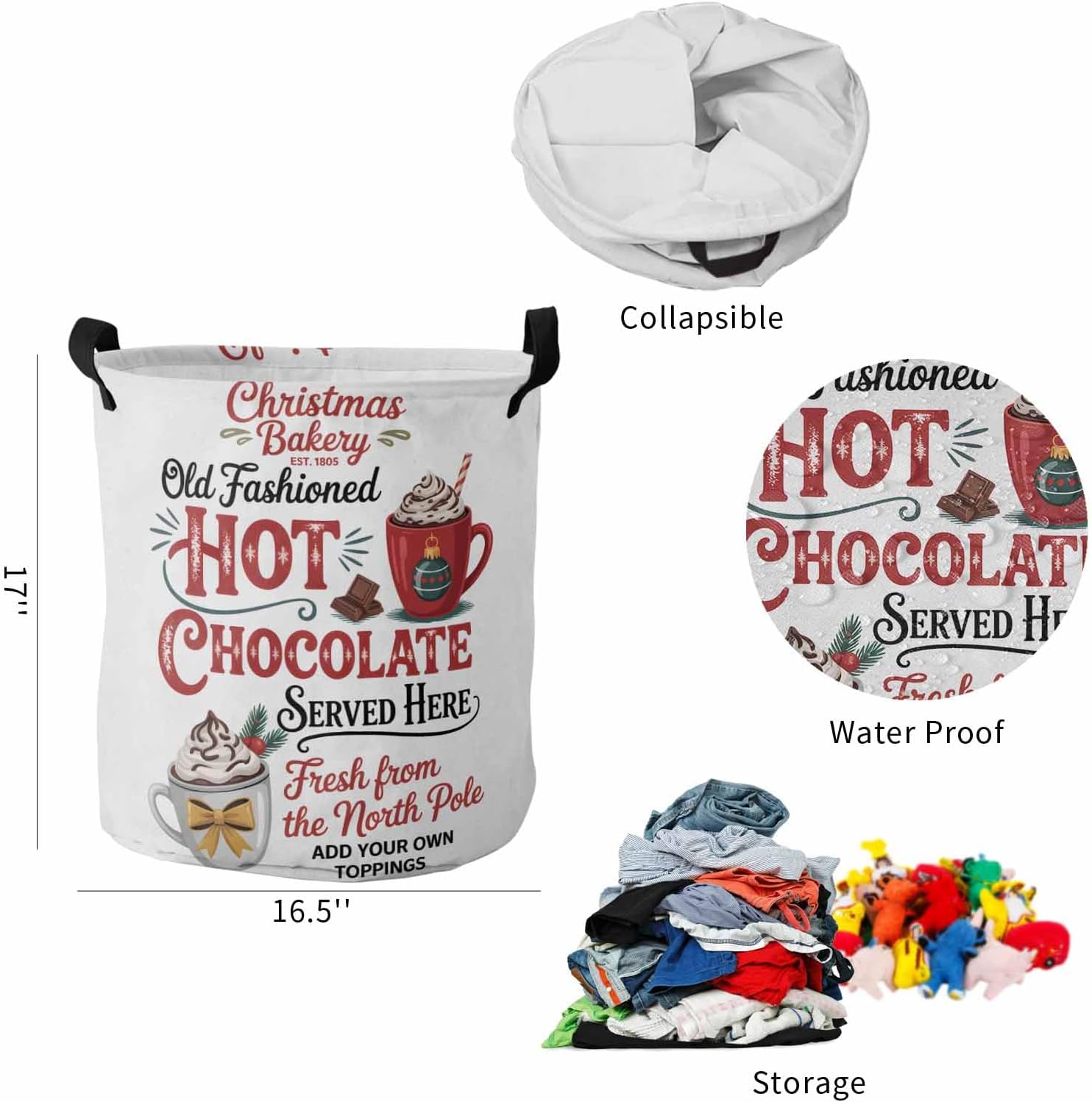 Collapsible Laundry Basket - 16.5 x 17 In Christmas Storage Bin Laundry Hamper with Handles, Hot Coco Merry Christmas Waterproof Clothes Baskets for Bedroom/Kids Room