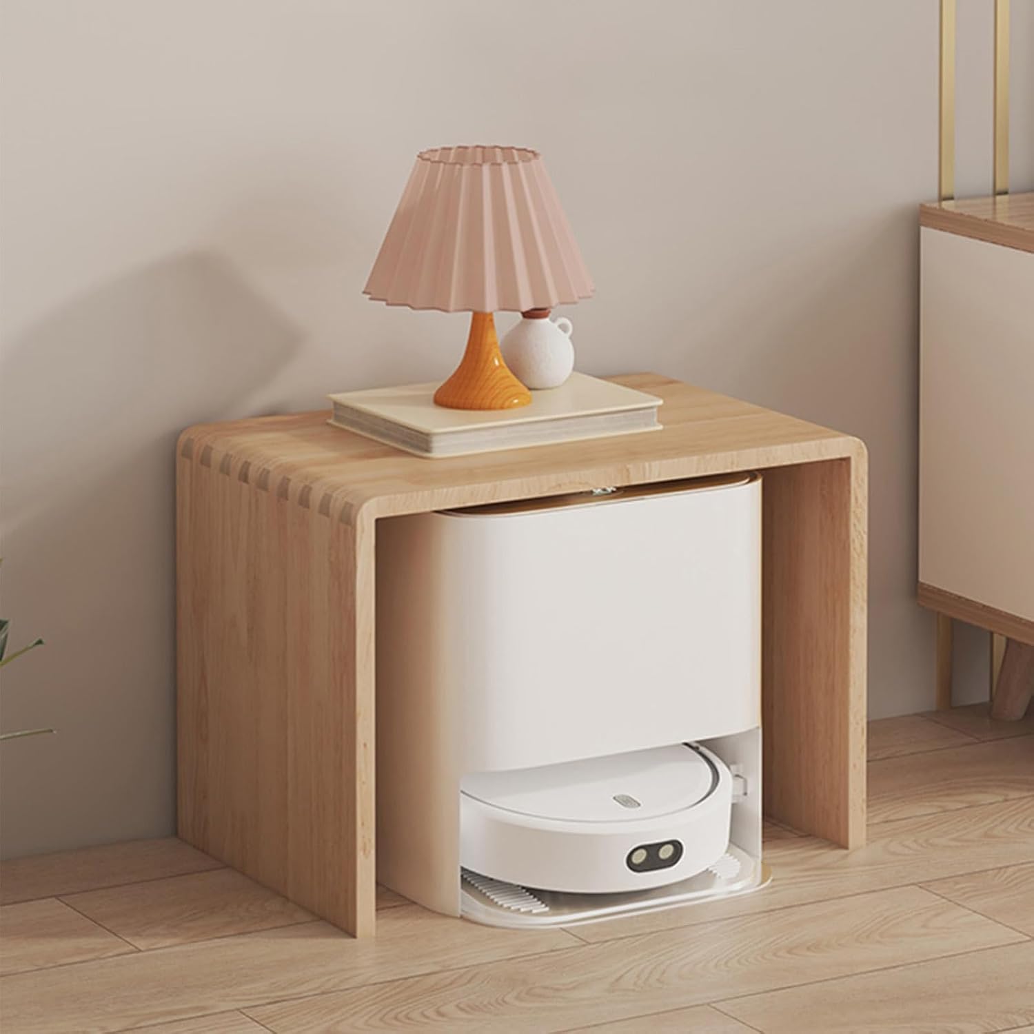 Robot Vacuum Side Table，Solid Wood Frame，Robot Vacuum Hidden Storage Cabinet Side Table，Space Saving ，for Bedroom, Living Room, Dorm Room, Hallway, Entryway，Easy to Clean(Natural)