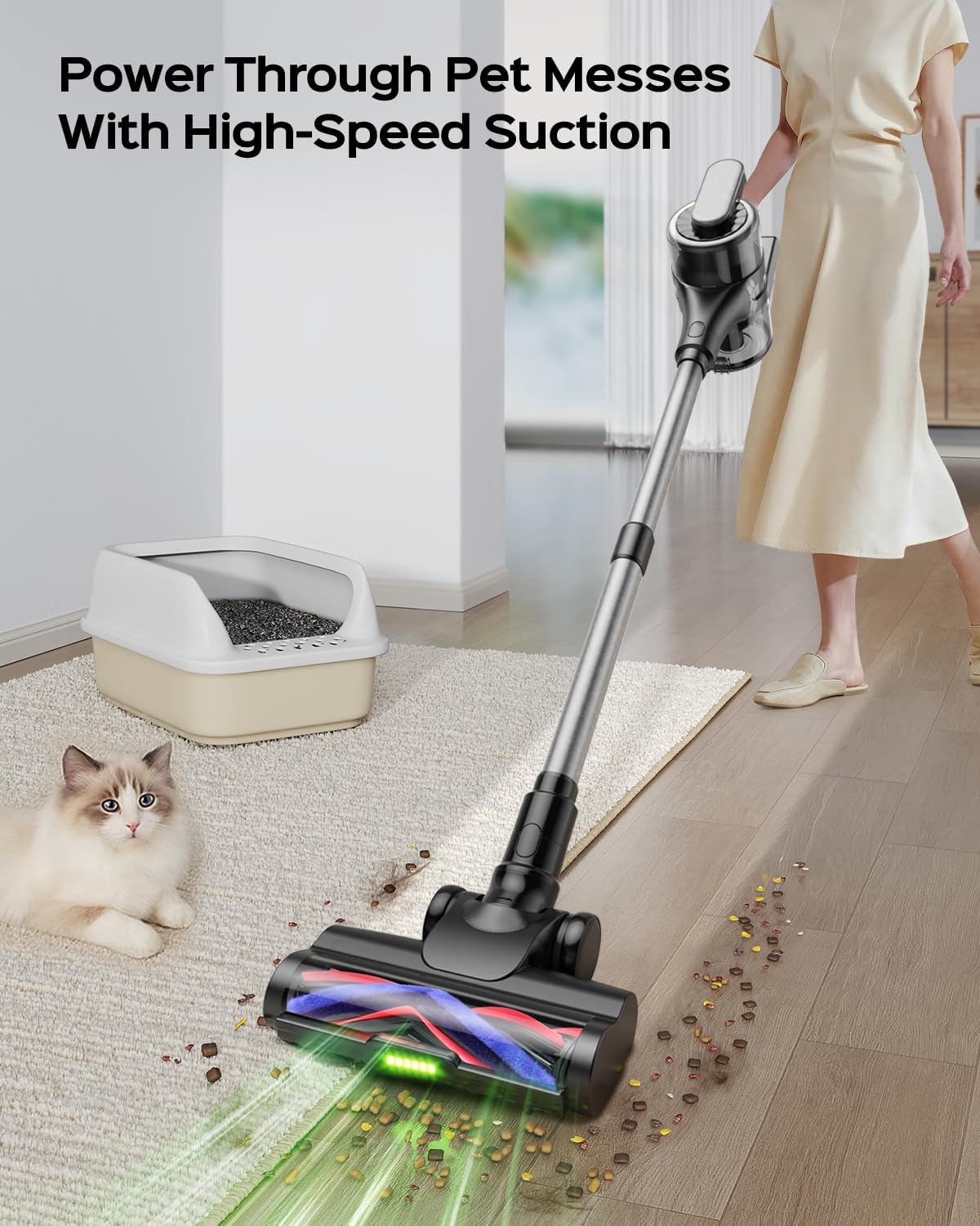 Cordless Stick Vacuum Cleaner – 3-in-1 Brush Roll for Hard Floors and Carpets, 55 Min Runtime Rechargeable Lightweight Vacuum with Green LED Headlight for Pet Hair and Dust Cleaning