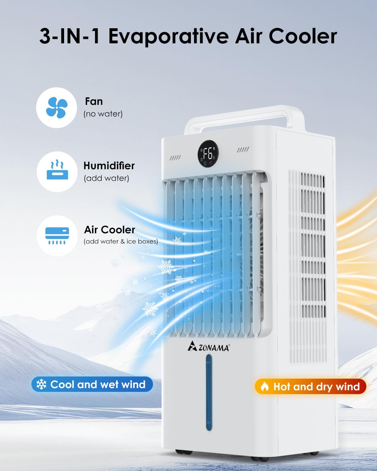 Swamp Cooler, 3-IN-1 Evaporative Air Cooler with Display & Remote, Windowless Portable Air Conditioners with Ice Cooling, 12H Timer, 6 Speeds, 60° Oscillation, Air Cooler Fan for Home Office