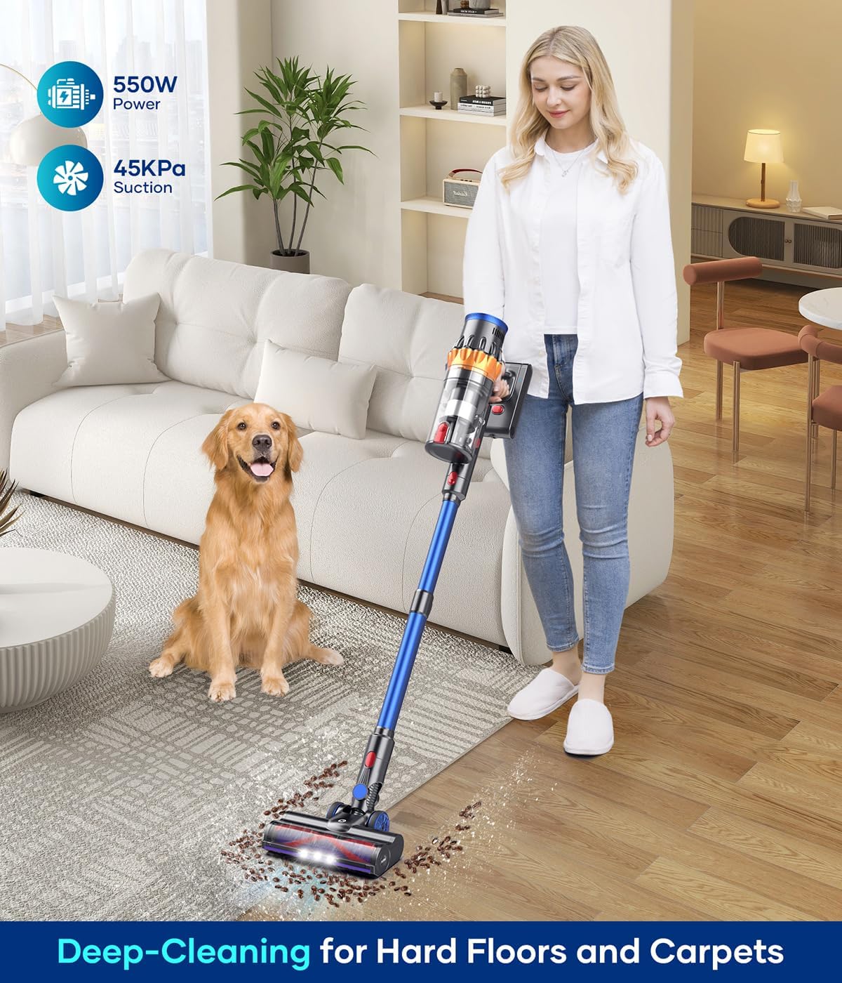 Cordless Vacuum Cleaner, 550W 45Kpa 60Mins Vacuum Cleaners for Home, Stick Vacuum with Intelligent Display, Anti-Tangle & Auto Mode, Rechargeable Vacuum for Pet Hair Carpet Hardwood Floor