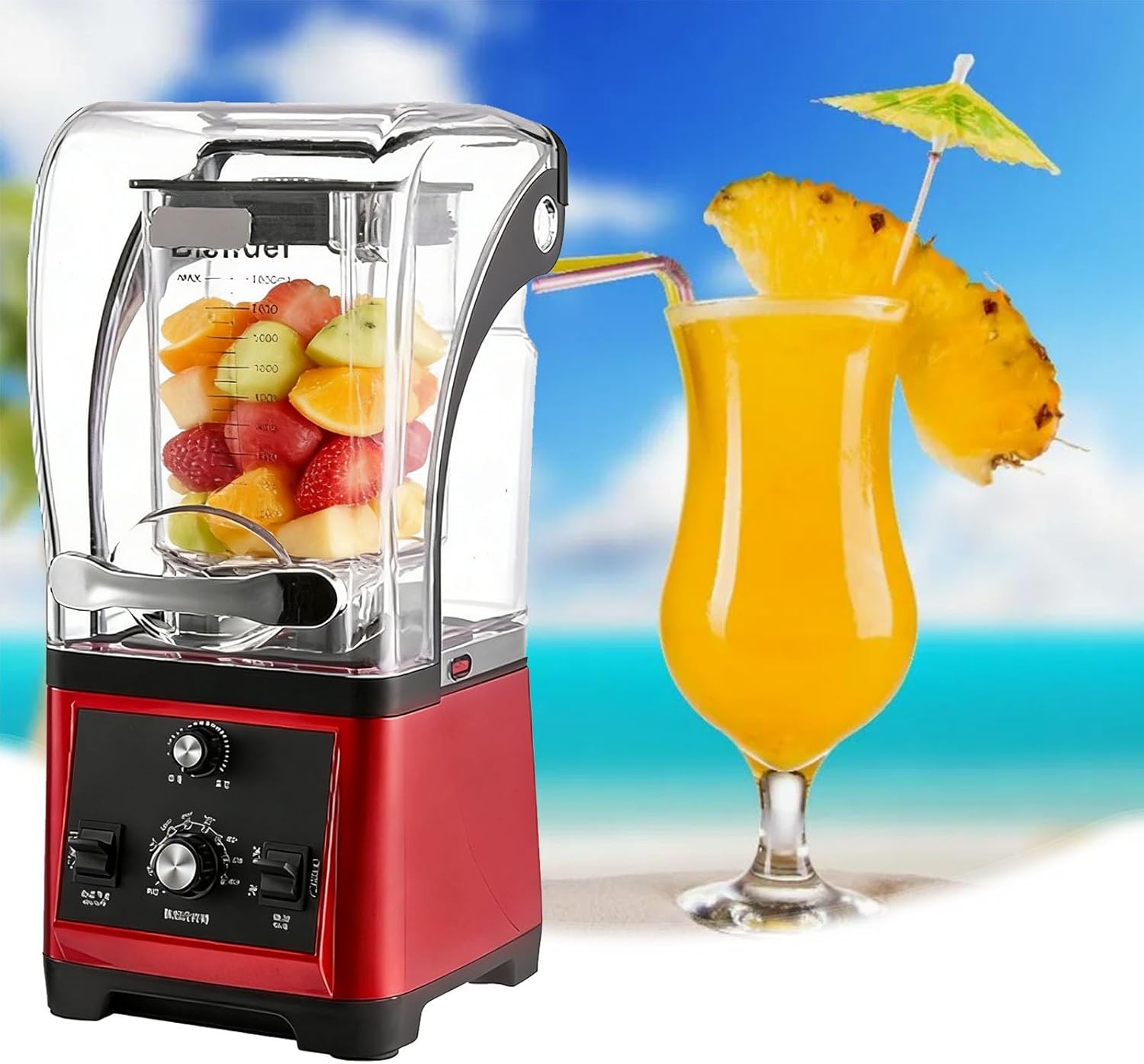 Cold Press Juicer, Commercial Quiet Blender, Soundproof Ice Crushing Blender, 3-Second Quick Ice Crushing with Silent Cover for Puree, Milkshake, Juice, Drink and Ice.(Red)