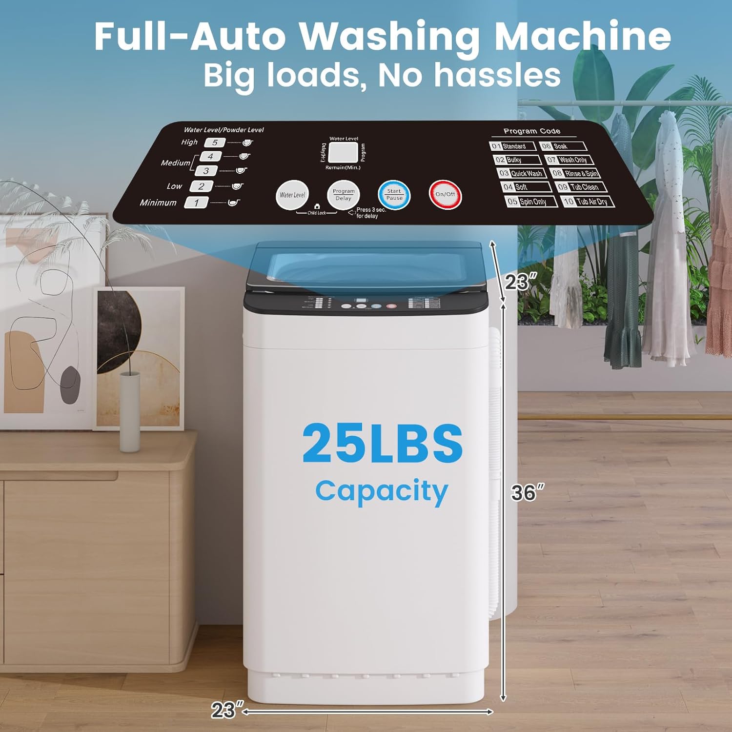 VCJ Portable Washing Machine and Dryer Set, 25lbs Fully Automatic Washer and 10lbs Portable Dryer with Stainless Steel Tub, Compact Washer and Dryer Combo for Apartment, RV, Dorm