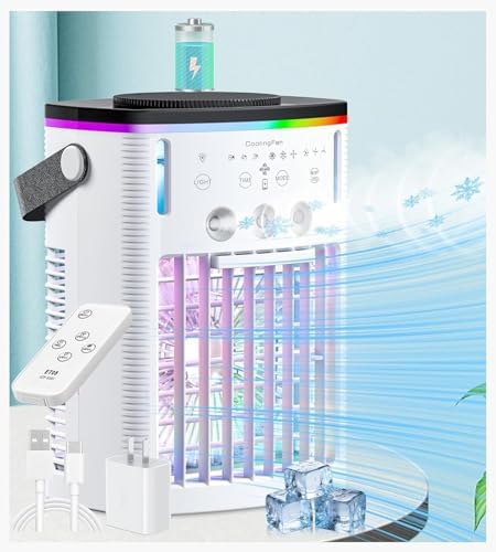 Battery Powered Air Conditioner 6000mAh,Rechargeable Small Air Conditioner for Room,Personal Air Cooler with Mist,Timer,Light,Portable Mini AC Unit Cooling Fan for Camping,Tent,Car,Desktop,Bedroom