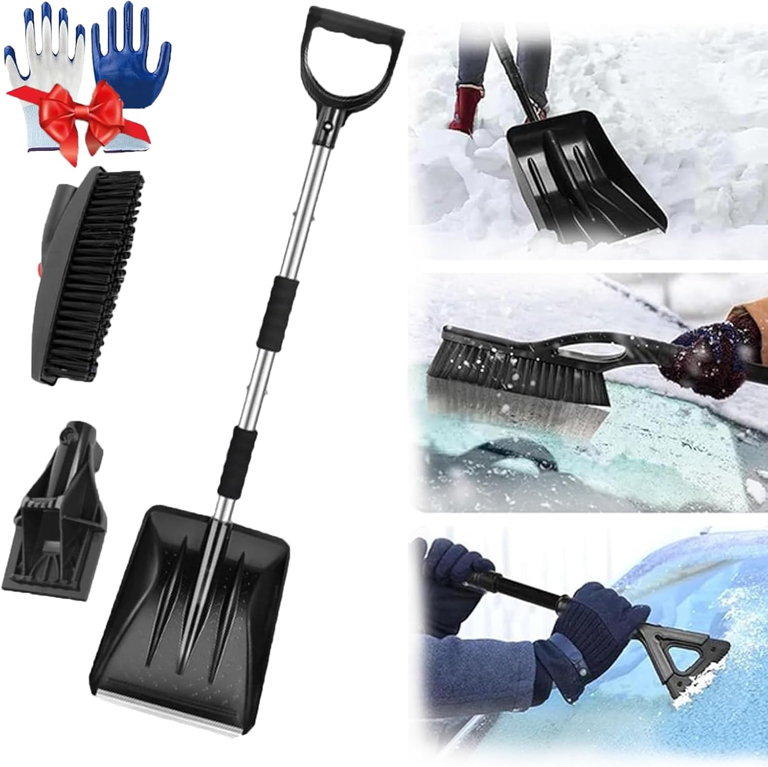 3-in-1 Portable Snow Shovel Kit with Ice Scraper and Brush, Collapsible Shovel for Cars, Foldable Snow for Car Aluminum, Emergency Car Shovel Lightweight for Driveways, Winter Use (Silver)