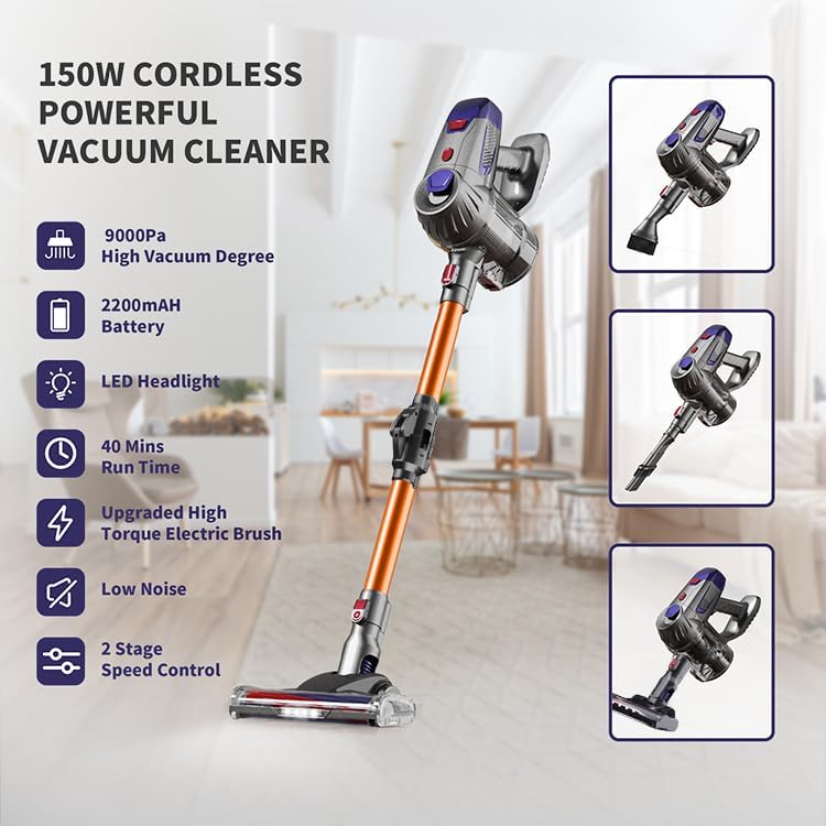 3-in-1 Cordless Stick Vacuum Cleaner | 150AW/9000Pa Suction, 40 Min Runtime, Lightweight & Self-Standing for Floors, Carpets, Cars (Z7 Gold)