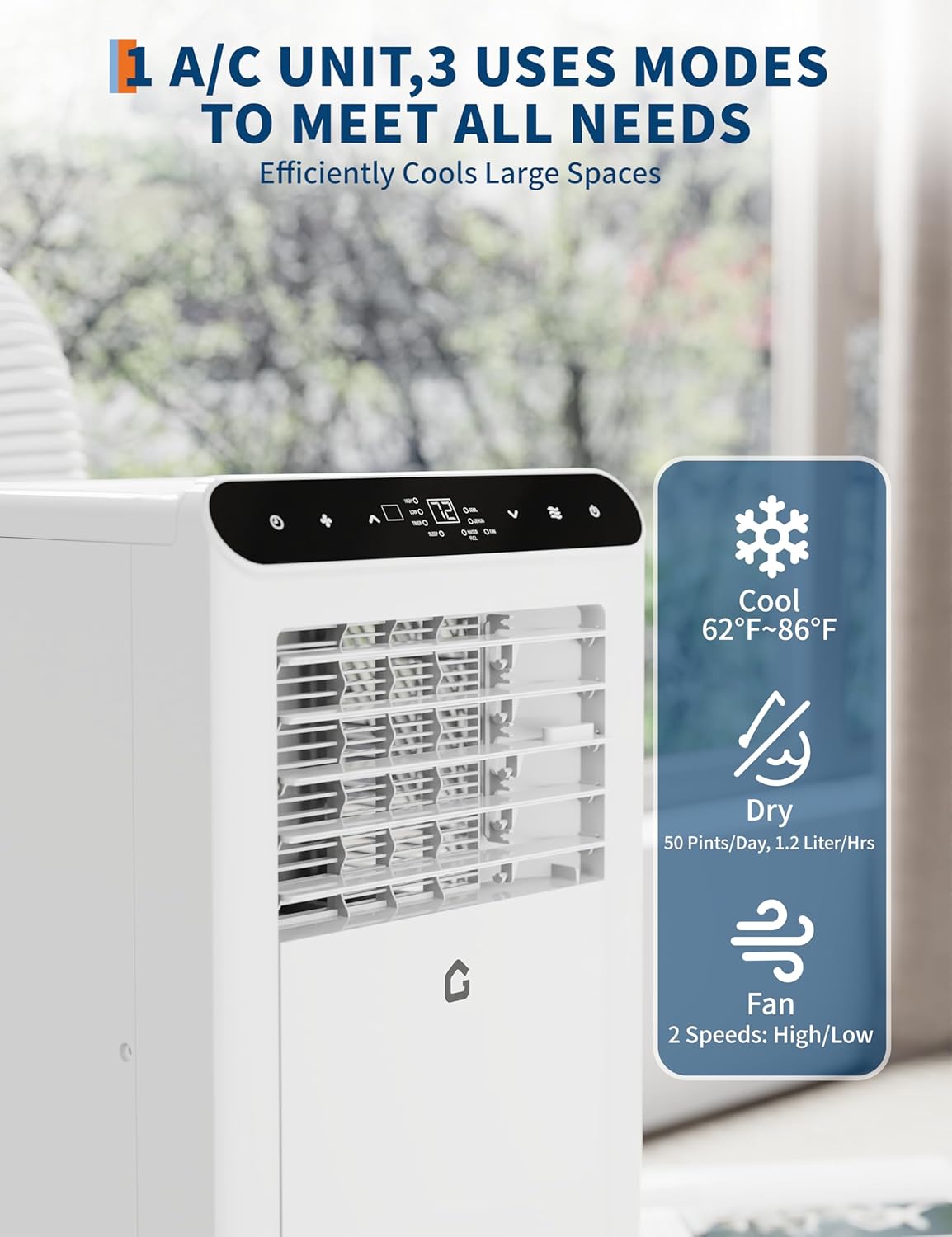 8,000 BTU Portable Air Conditioner, 3-In-1 Ventless Portable Air Conditioner with Dehumidifier, Fan, Room AC Unit Cools Up to 350 Sq.Ft., Auto Swing, 24H Timer, Windows Kit Included, White Top
