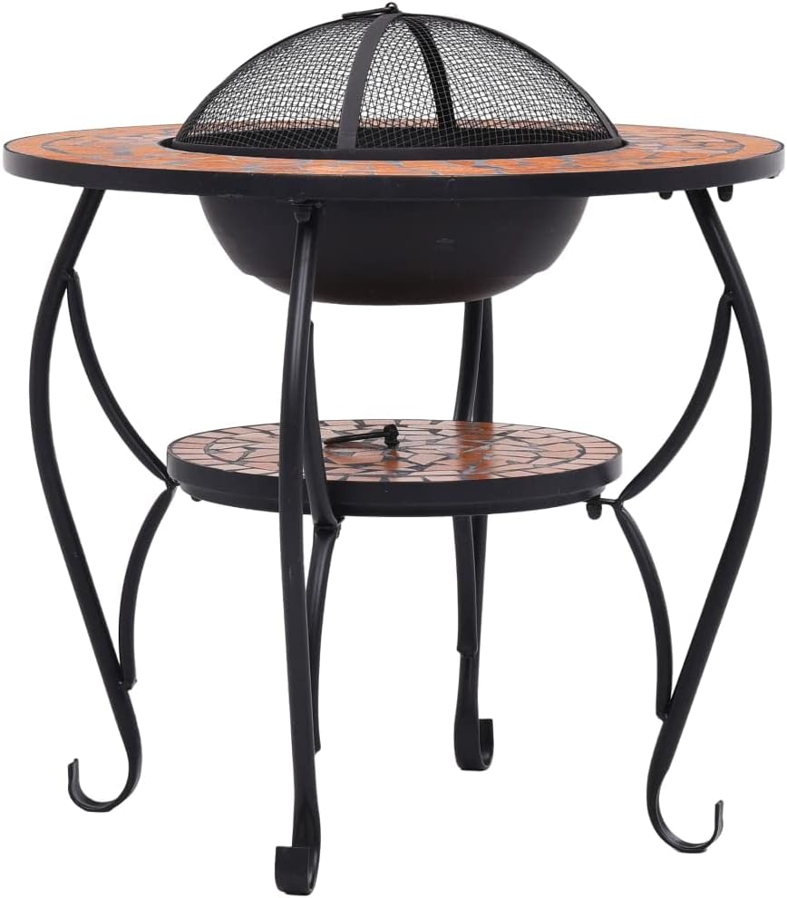 Multifunctional Fire Pit Table, Patio Decorative Table, Round Table for Camping, Outdoor Heating, Campfire and Picnic,Mosaic Fire Pit Table Terracotta 26.8
