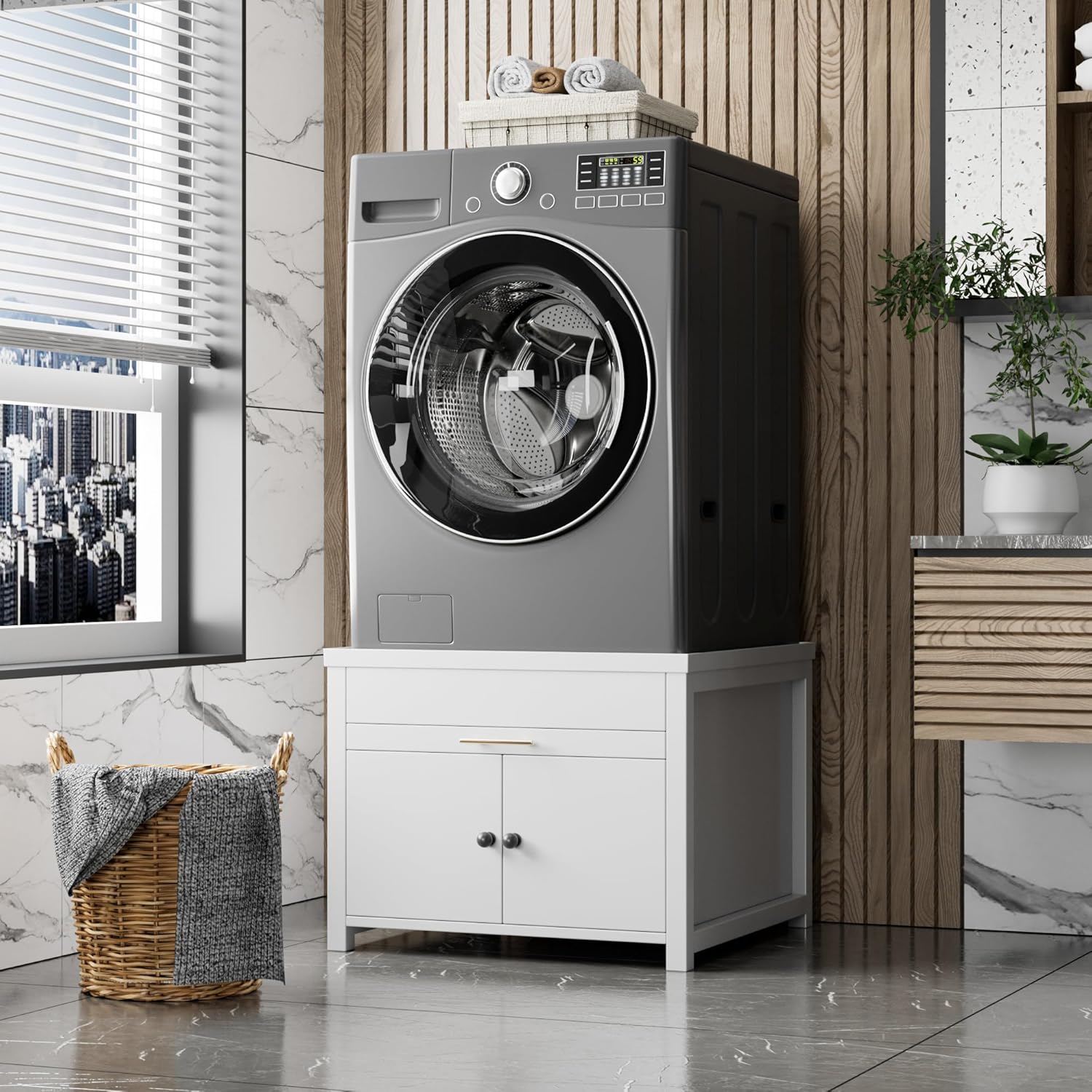 Washer and Dryer Pedestals, Washer and Dryer Stand with Door, Heavy Duty Metal Washing Machine Stand with Laundry Basket Shelf, Universal Fit Anti-Vibration Laundry Pedestal, 810 LBS Capacity