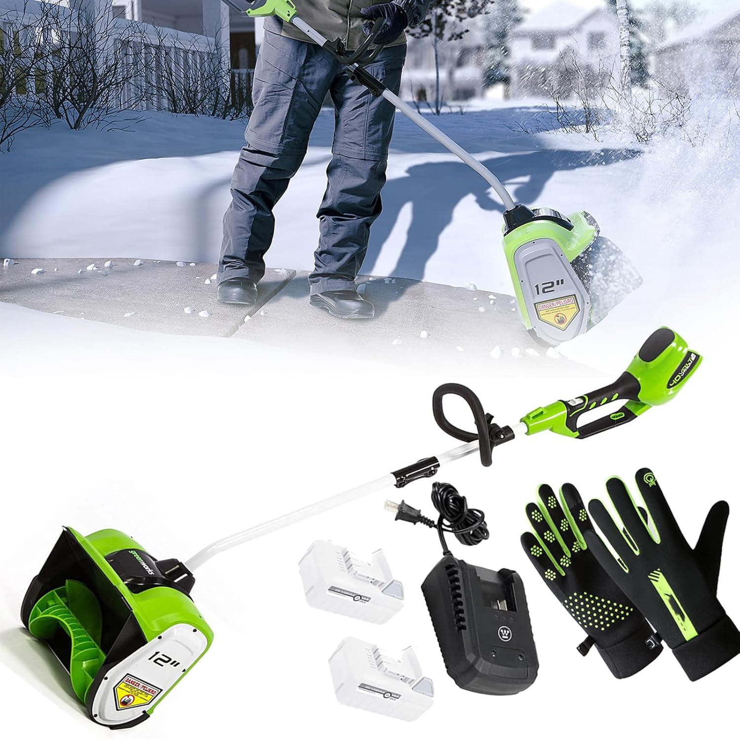 1200W Electric Snow Blower, 1800RPM Handheld Cordless Snow Shovel with 2 Battery, 8m Throwing Outdoor Snow Clearing Artifact, Adjustable Direction, Rechargeable Small Snowplow for School Roads