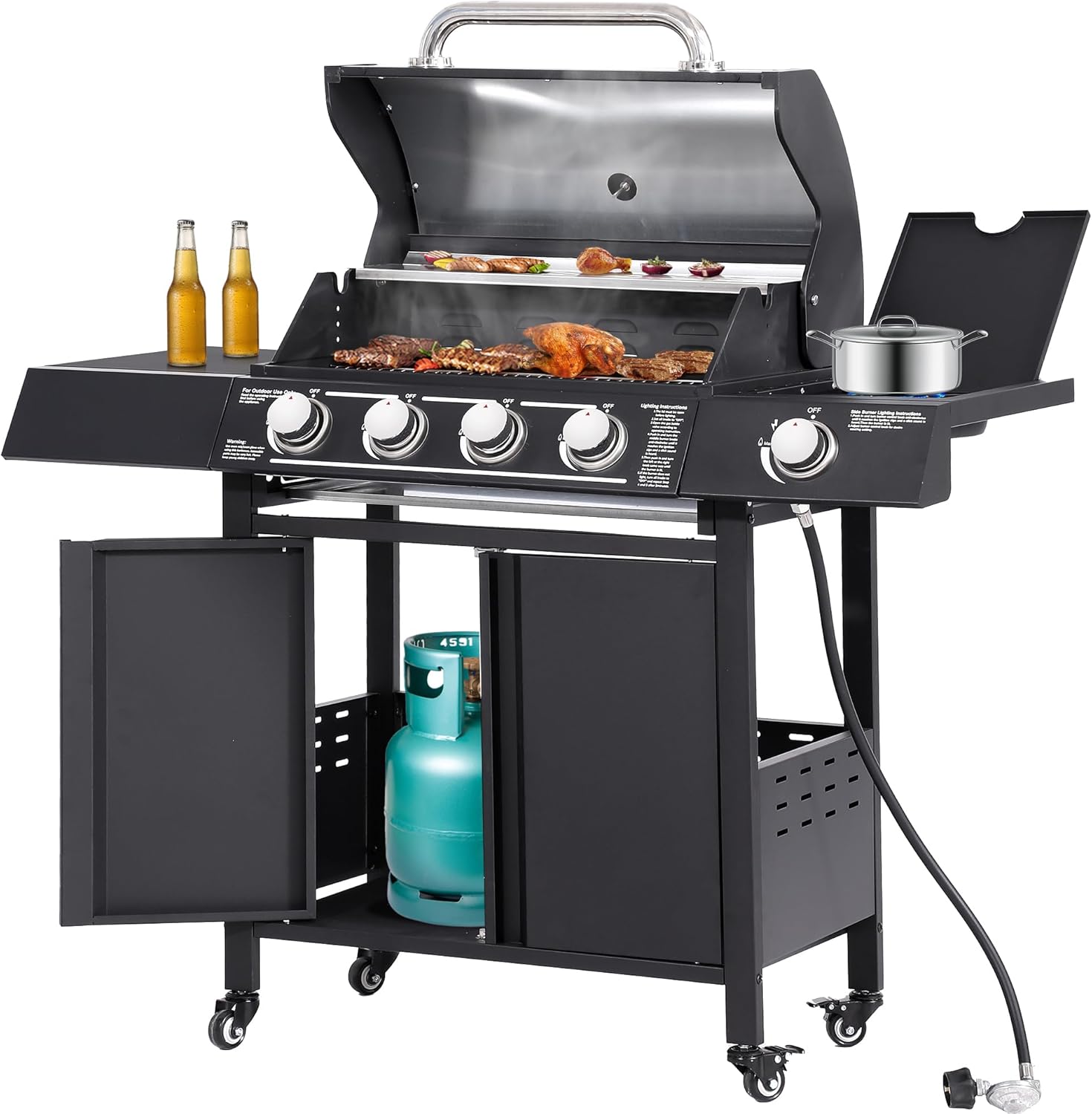 4 Burners Gas Propane Grill with Side Burner, Outdoor Kitchen Bbq Cooking Stainless Steel Grates 50,000 BTU Cast Iron Portable Barbecue Camping Cart with Wheels for Backyard Patio Baclony