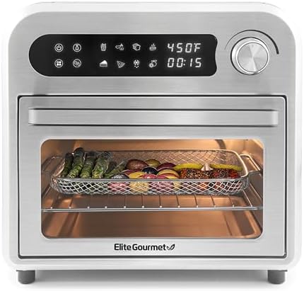 Elite Gourmet EAF1010D Programmable 10L Air Fryer Convection Countertop Oven, 8 Menu Settings, Temperature + Timer Controls, Bake, Toast, Broil, Air Fry, 1500W with Recipes, Steel Exterior