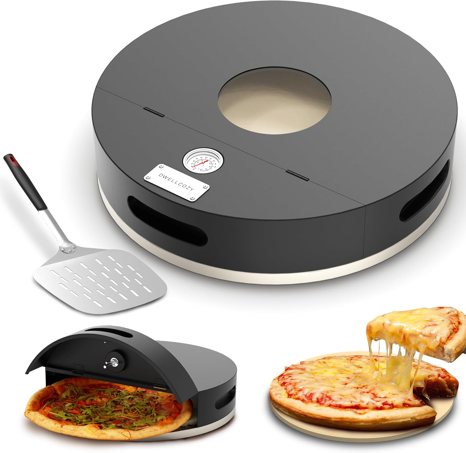 Pizza Oven for Grill, Outdoor Pizza Oven, Grill Top Pizza Oven with Pizza Peel & Stone, Portable Pizza Oven with Flexible Door, Pizza Maker with Thermometer for Charcoal Grill, Gas Grill