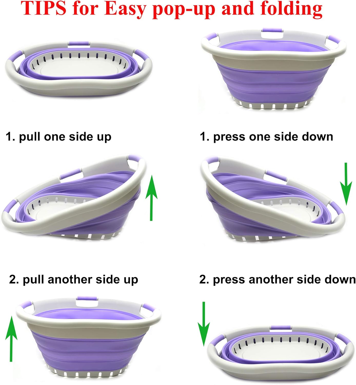 SAMMART 36L (9.5 gallon) Collapsible 3 Handled Plastic Laundry Basket-Foldable Pop Up Storage Container/Organizer-Space Saving Basket (3 handled Oval, Grey/Purple)