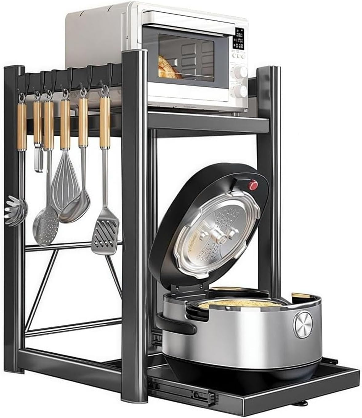 Microwave Stand 2-Tier Adjustable Kitchen Counter Oven Shelf With Pull-Out Tray, Metal Countertop Storage Rack With 6 Hooks Rice Cooker Stand Organizer(Gray,L:22.8