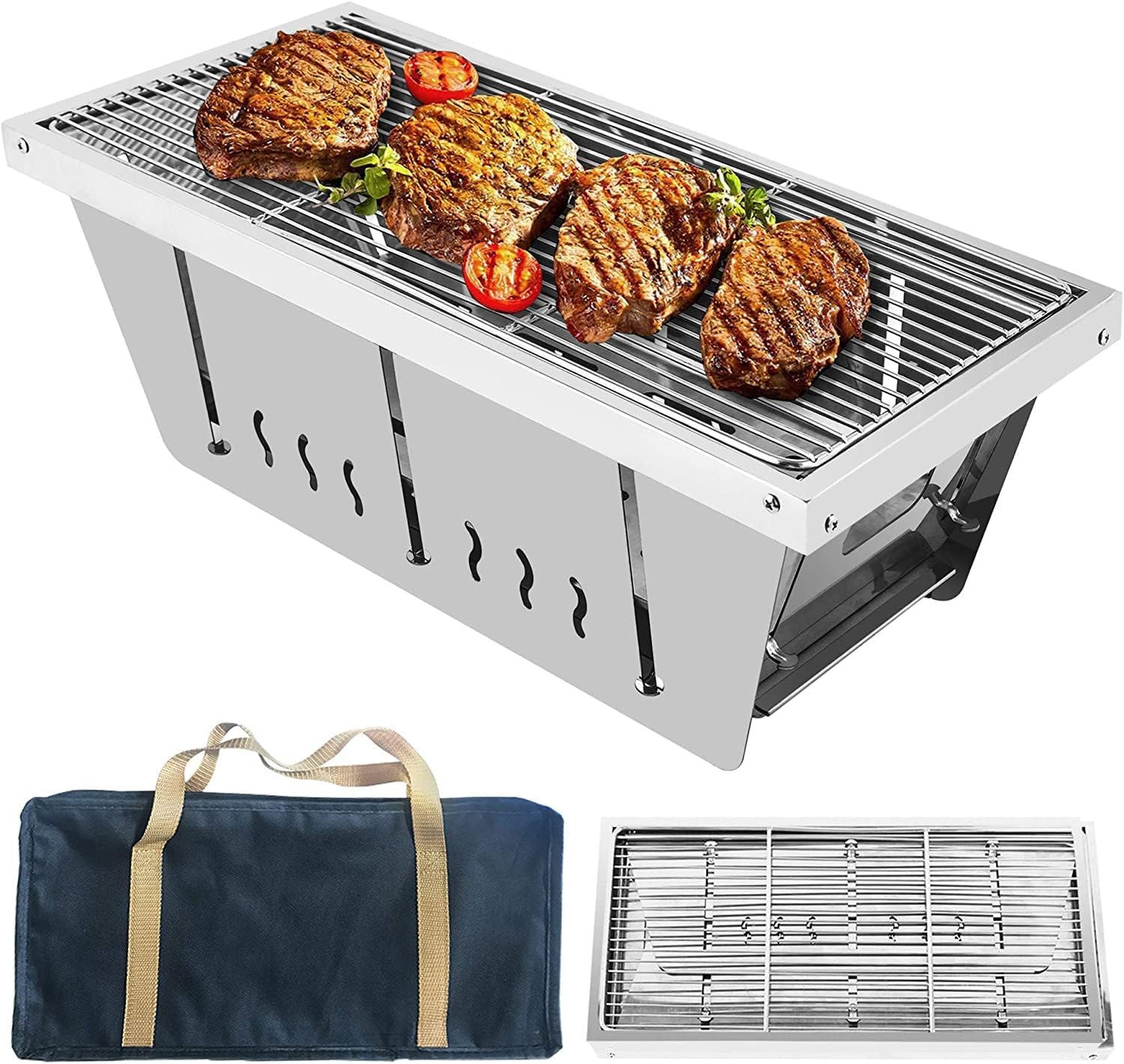 Safety Certification Portable BBQ Grill Folded Charcoal Barbecue Grill w/Storage Bag Stainless Steel Barbeque Grill Smoker BBQ Grill for Outdoor Backyard Camping Picnic Patio