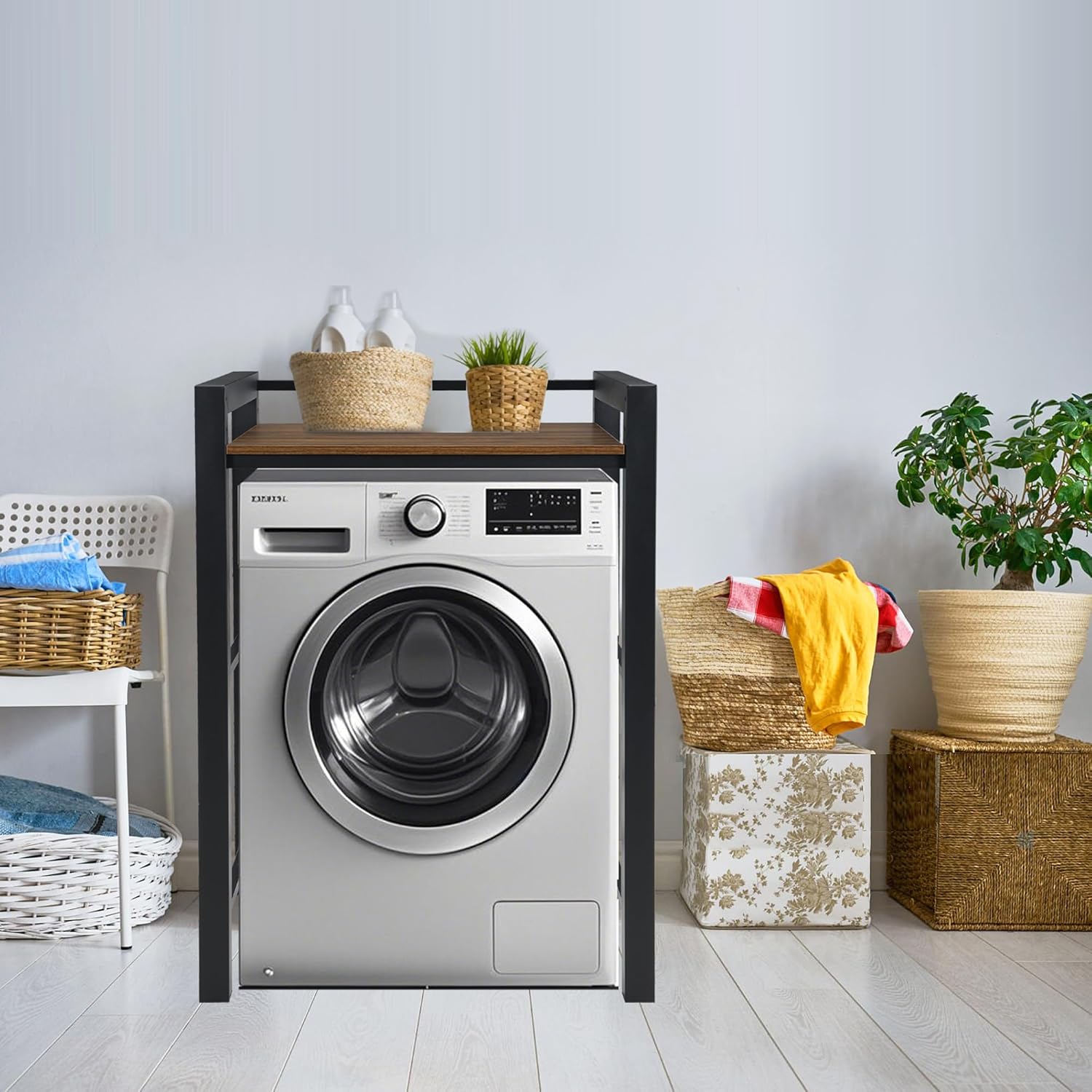 Washer Dryer Stacking Rack Stand, Heavy Duty Steel Standing Storage Shelf Washing Machine Shelf, Over The Washer and Dryer Shelves Space Saving, Load Capacity 300kg, for Bathroom Laundry Room (black)