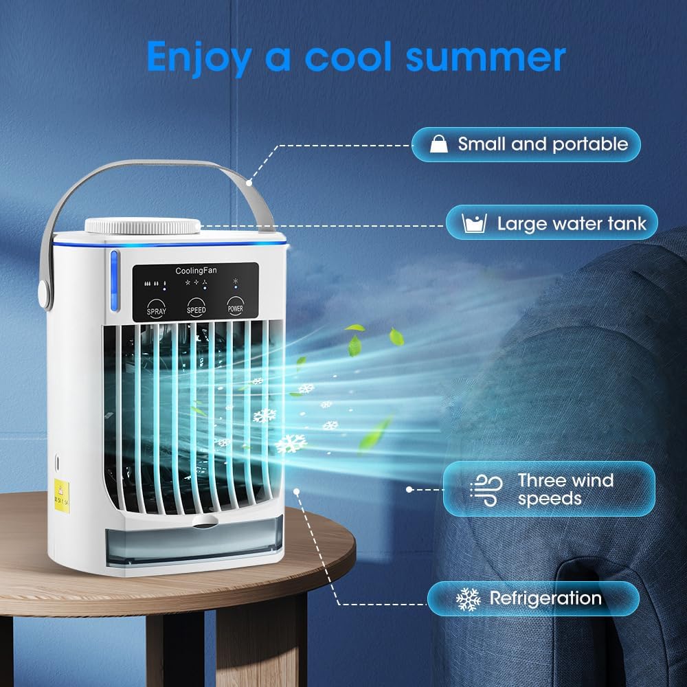 Portable Air Conditioner Fan, Small Air Conditioner Cooling Fan with 3 Fresh Wind Speeds and Handle, Personal USB Rechargeable Air Cooler, for Car Bedroom Office Home Tent Camping