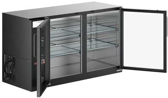 60-Inch Black Glass Door Back Bar Refrigerator, LED Lighting, Galvanized Steel Top, 2-Door Commercial Beverage Cooler, 33-40°F, 17.3 Cu. Ft.