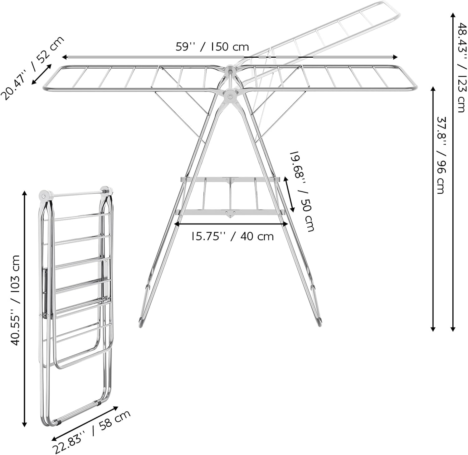 APEXCHASER Clothes Drying Rack Folding - Stainless Steel Drying Rack Clothing Height-Adjustable, Foldable Laundry Rack, Space-Saving, Collapsible for Indoor Outdoor Use for Clothe, Towels, Chrome