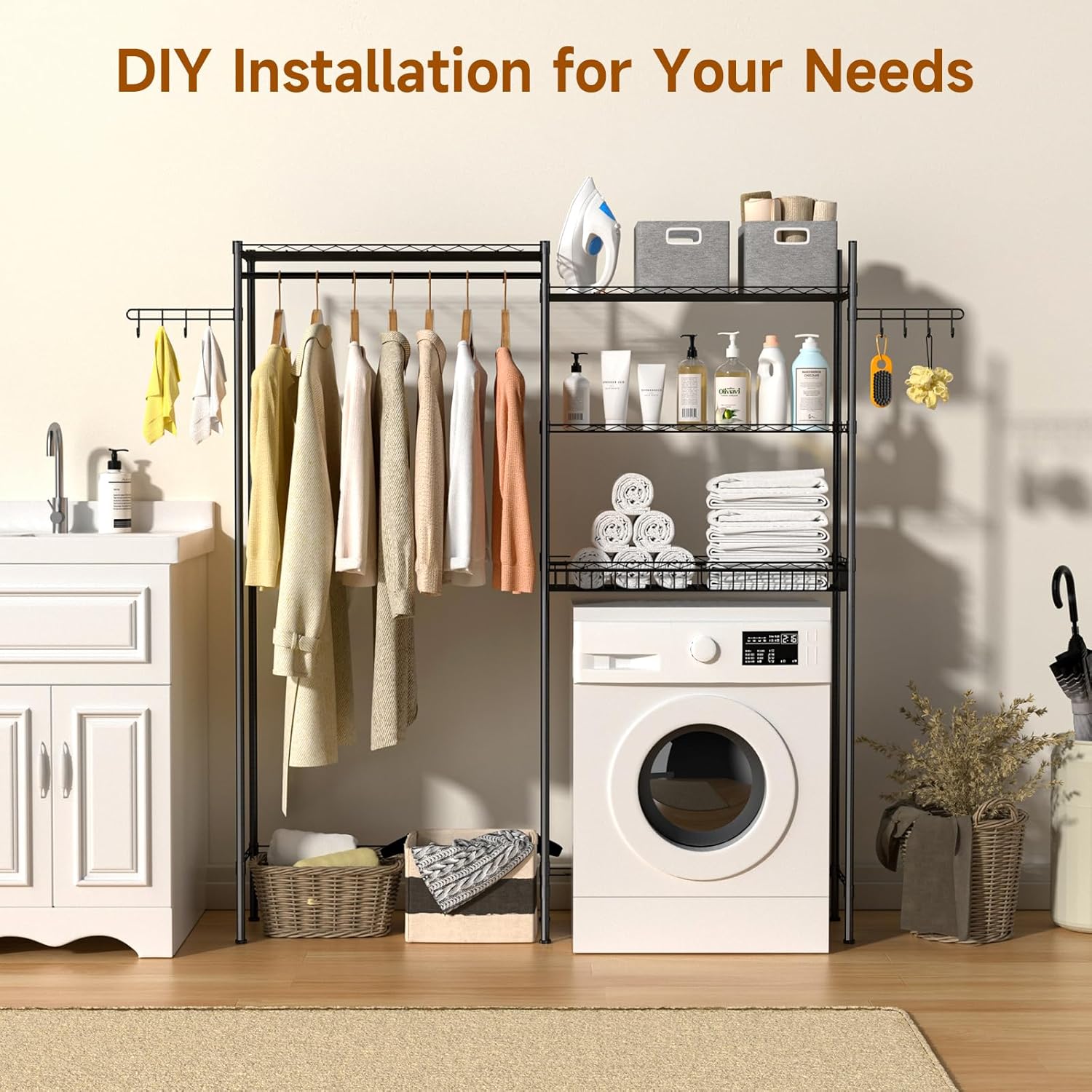 Over Washer and Dryer Storage Shelves, 4 Tiers Standing Clothes Drying Rack with Basket, Hanger Rod & Hooks for Laundry Room Storage Organization, Black