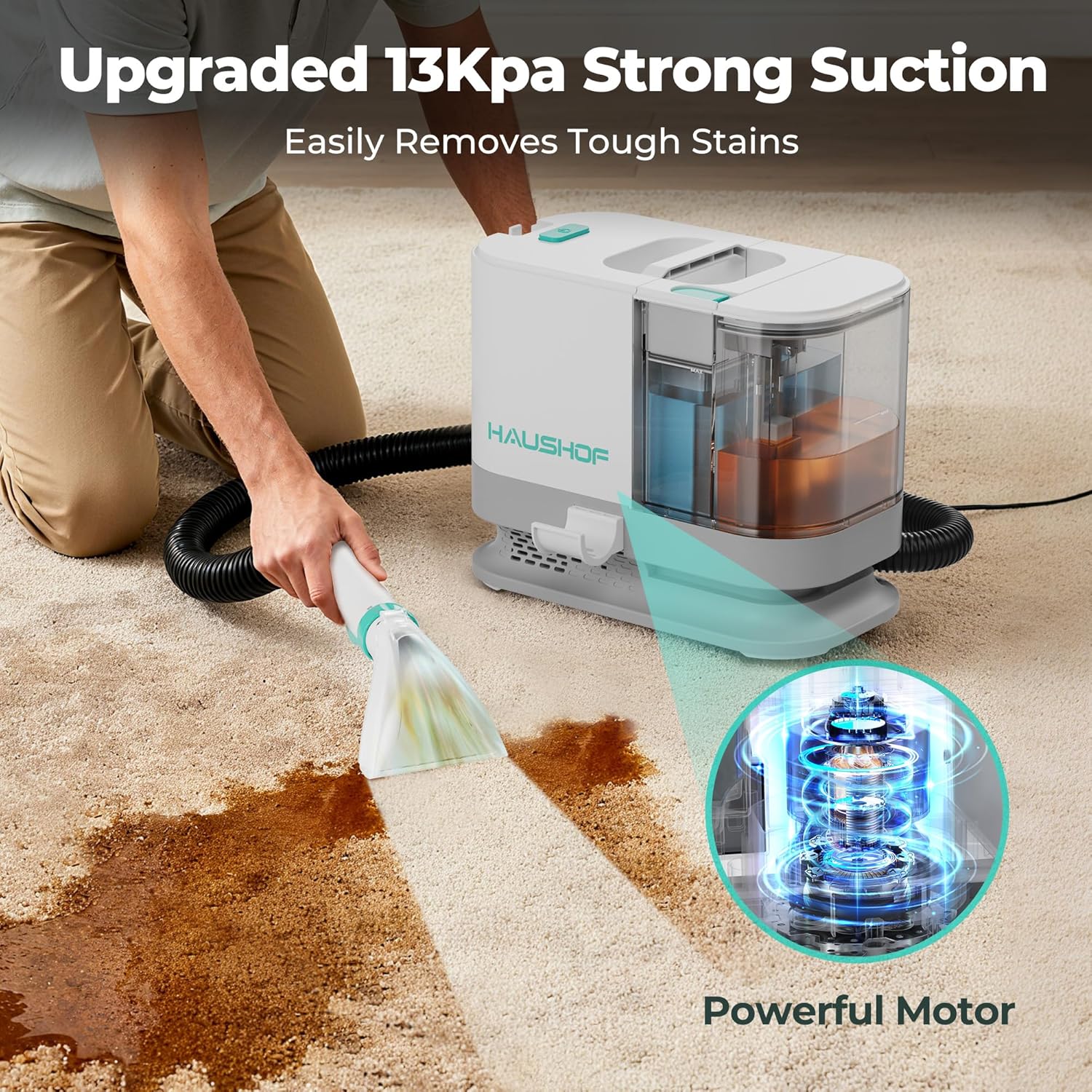 HAUSHOF Portable Carpet Spot and Upholstery Cleaner Machine, 13Kpa Powerful Suction & Spot Remover, Deep Stain Cleaning for Rug, Carpet, Car Seats, Pets, Stairs, Couches, with Cleaning Solution