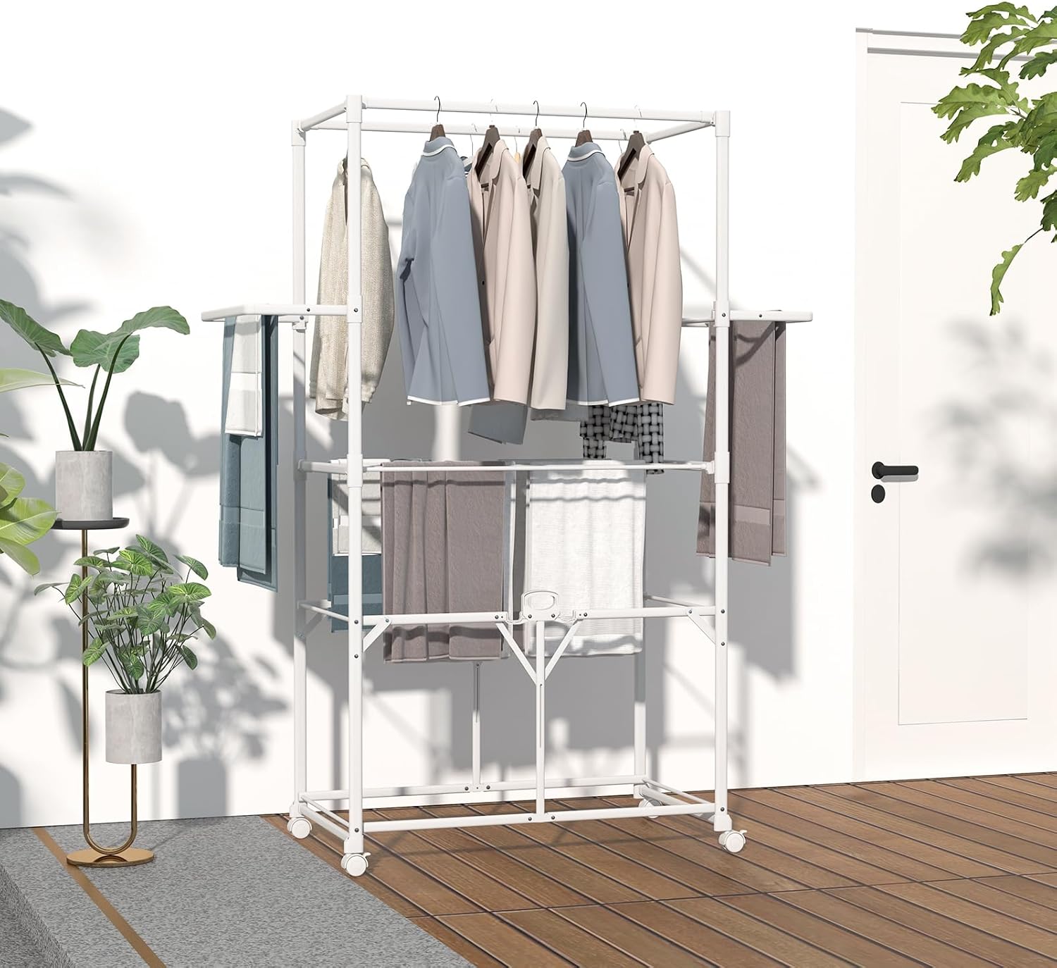 Giantex Clothes Drying Rack with Wheels, Collapsible Laundry Rack with 2 Folding Side Shelves & Detachable Middle Shelf, Moveable Laundry Garment Dryer Stand Dryer Rack for Apartment Indoor Outdoor